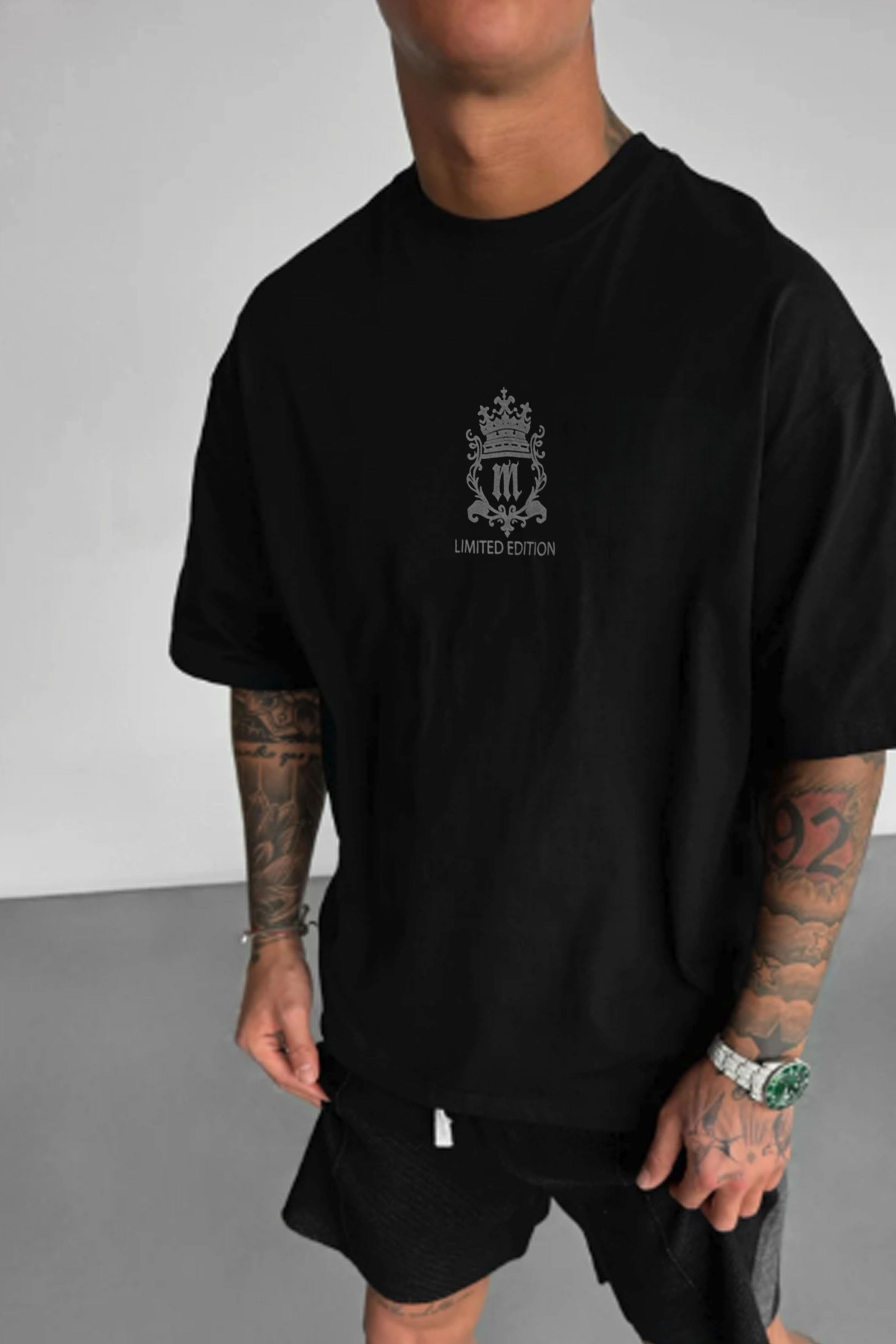 Erkek Siyah Royal Essence Oversize Fit Bol Geniş Kalıp Salaş Kesim T-shirt