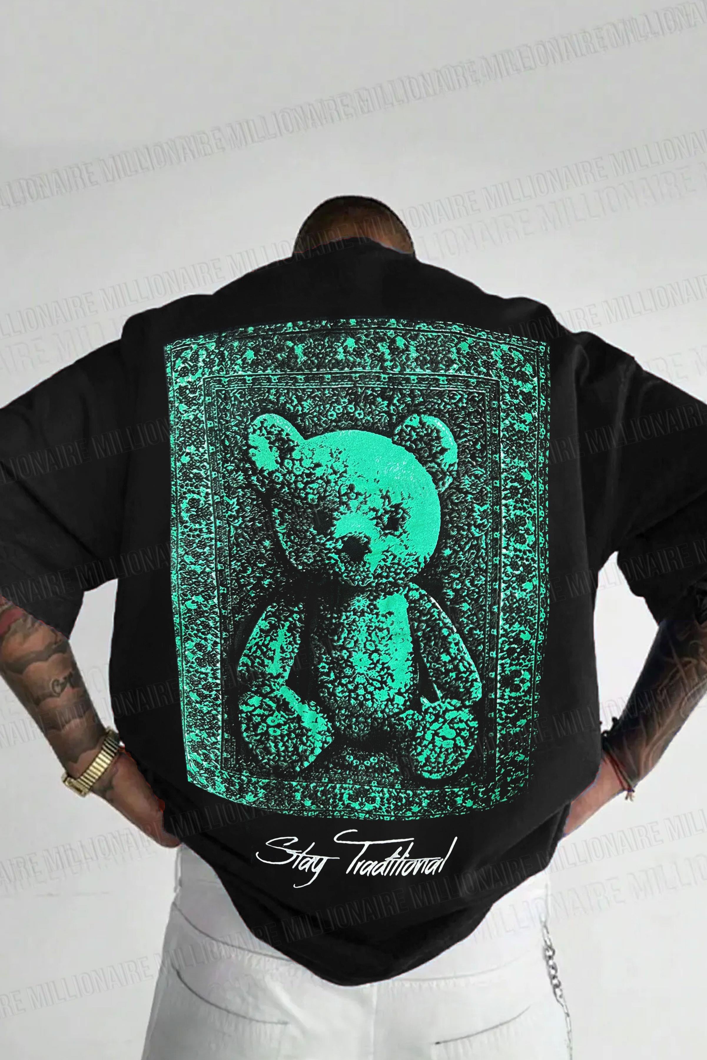 Erkek Siyah Traditional Ayıcık Teddy Bear Oversize Fit Bol Geniş Kalıp Salaş Kesim T-Shirt