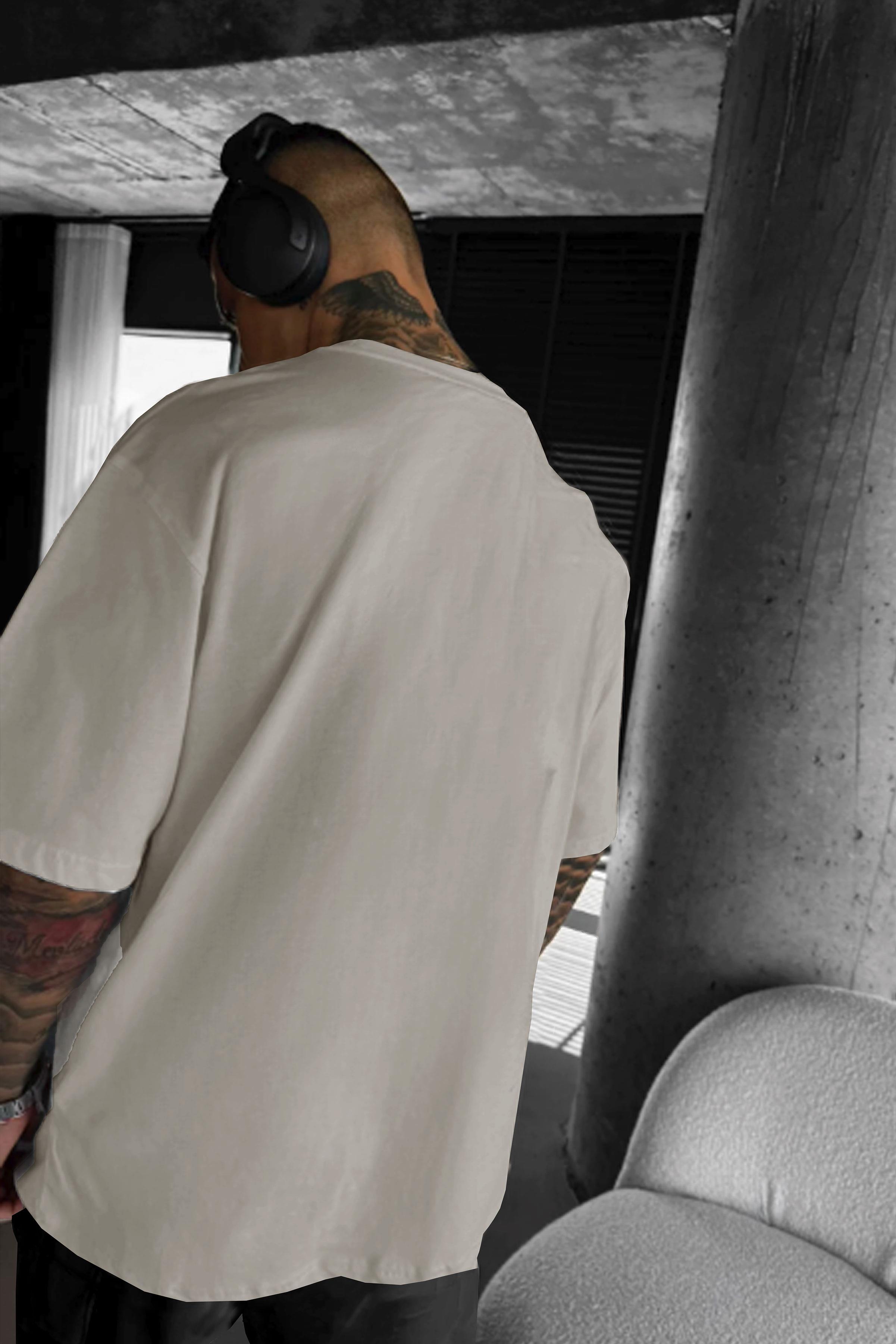 Erkek Taş Geyik Baskılı Oversize Fit Bol Geniş Kalıp Salaş Kesim T-shirt