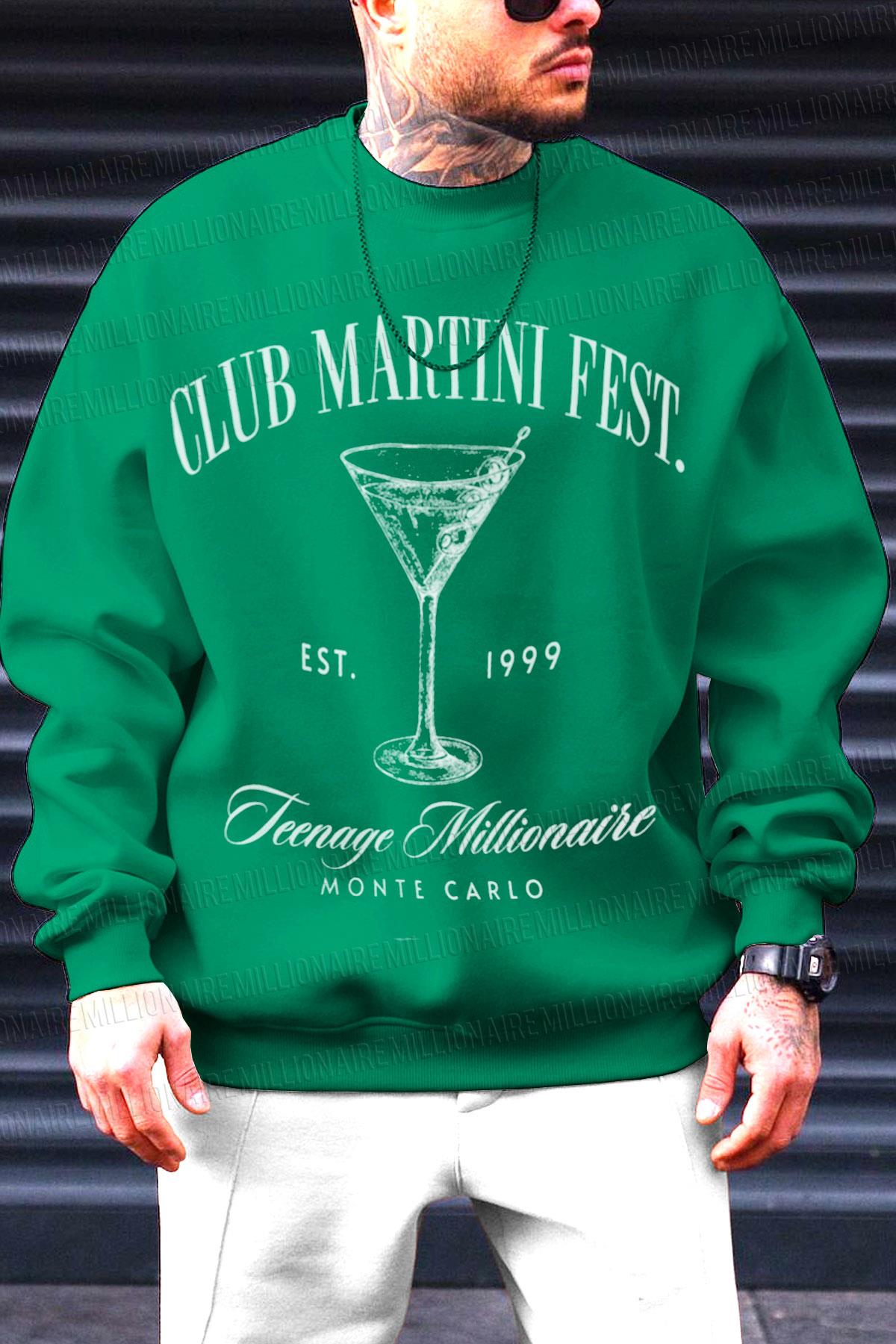 Erkek Yeşil Club Martini Baskılı 0 Sıfır Yaka Oversize Salaş Bol Kesim Polar Sweatshirt