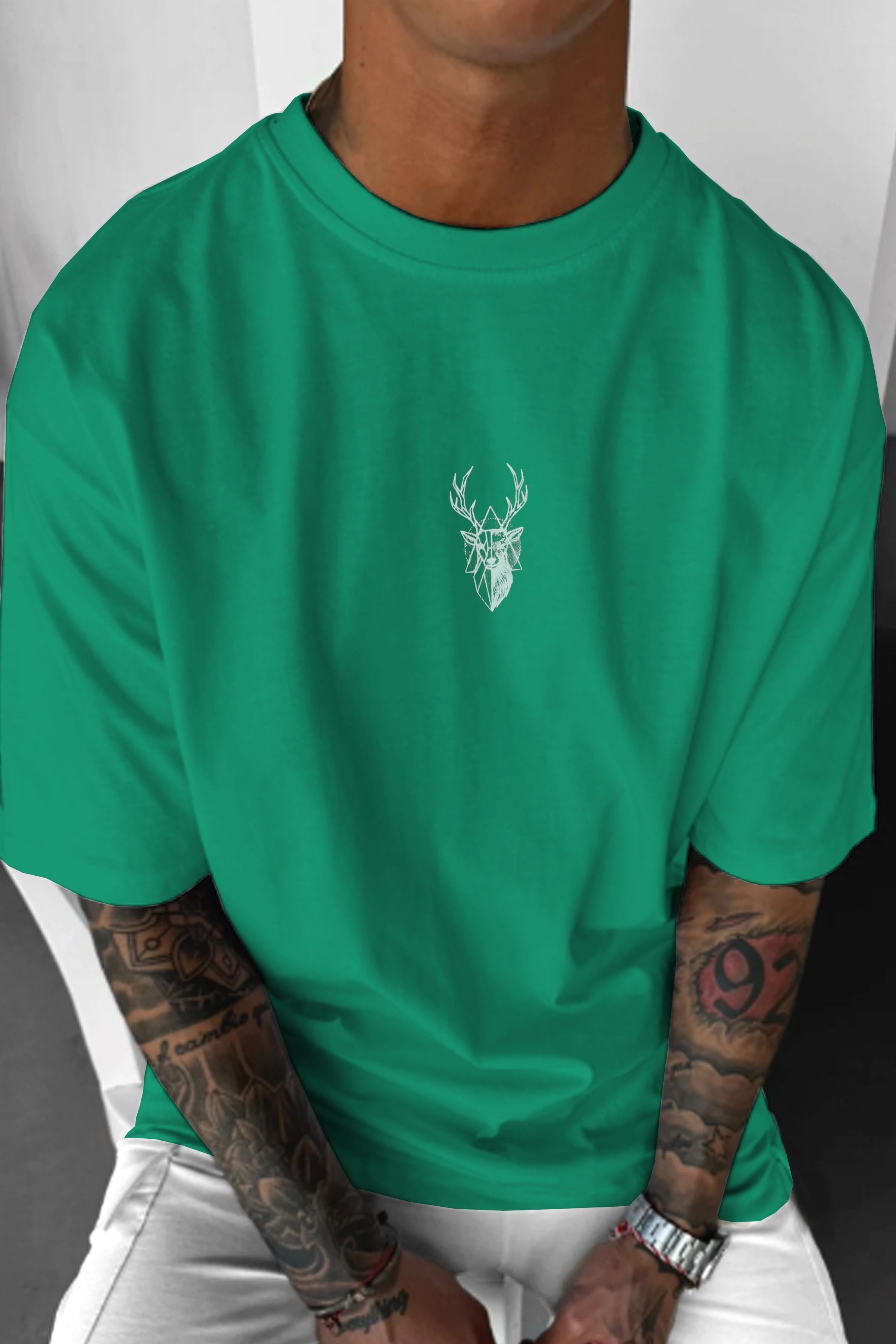Erkek Yeşil Geyik Baskılı Oversize Fit Bol Geniş Kalıp Salaş Kesim T-shirt