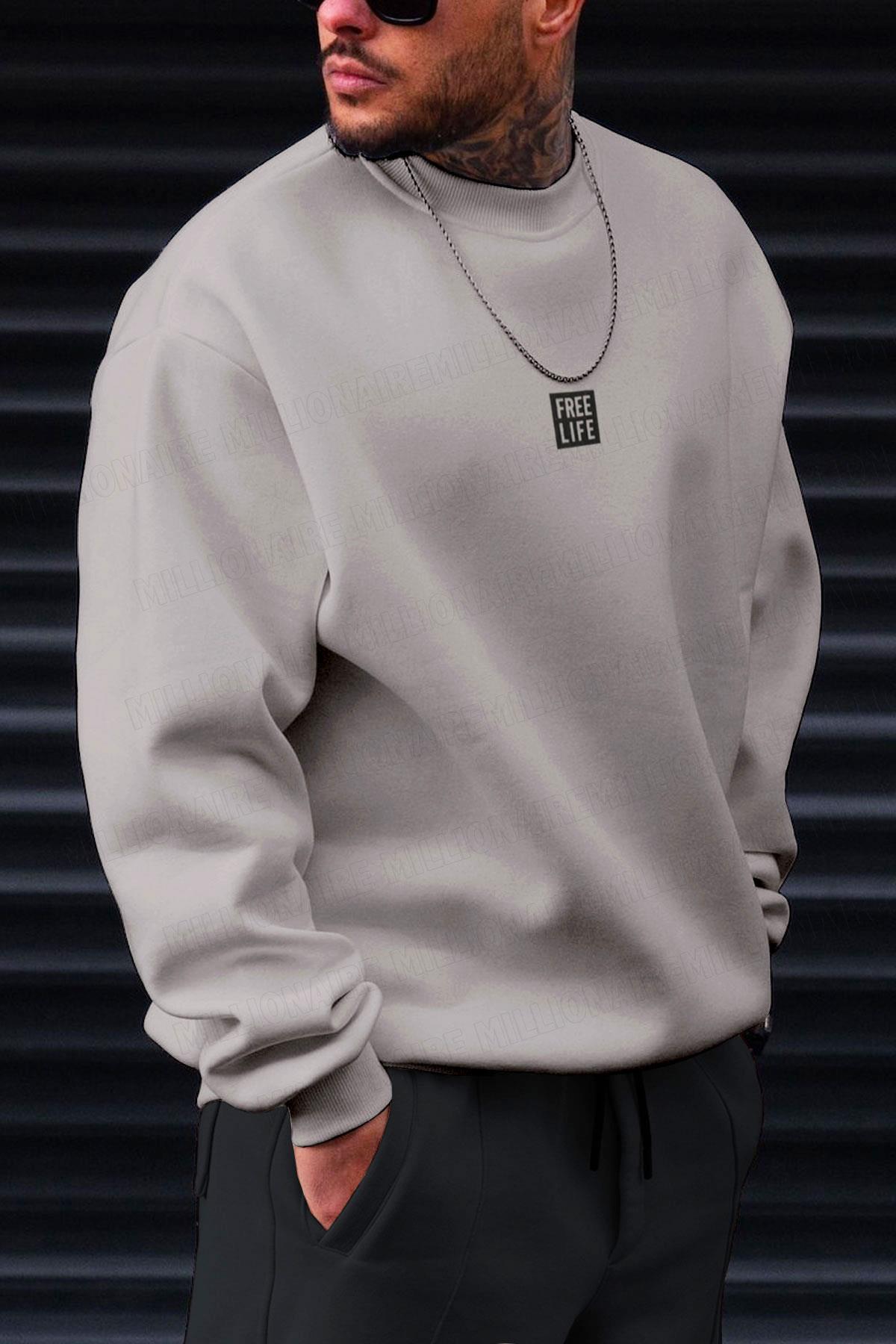 Free Koyu Gri Life Baskılı Kalın Soft 3 İplik içi Şardonlu 0 Sıfır Yaka Oversize Salaş Sweatshirt