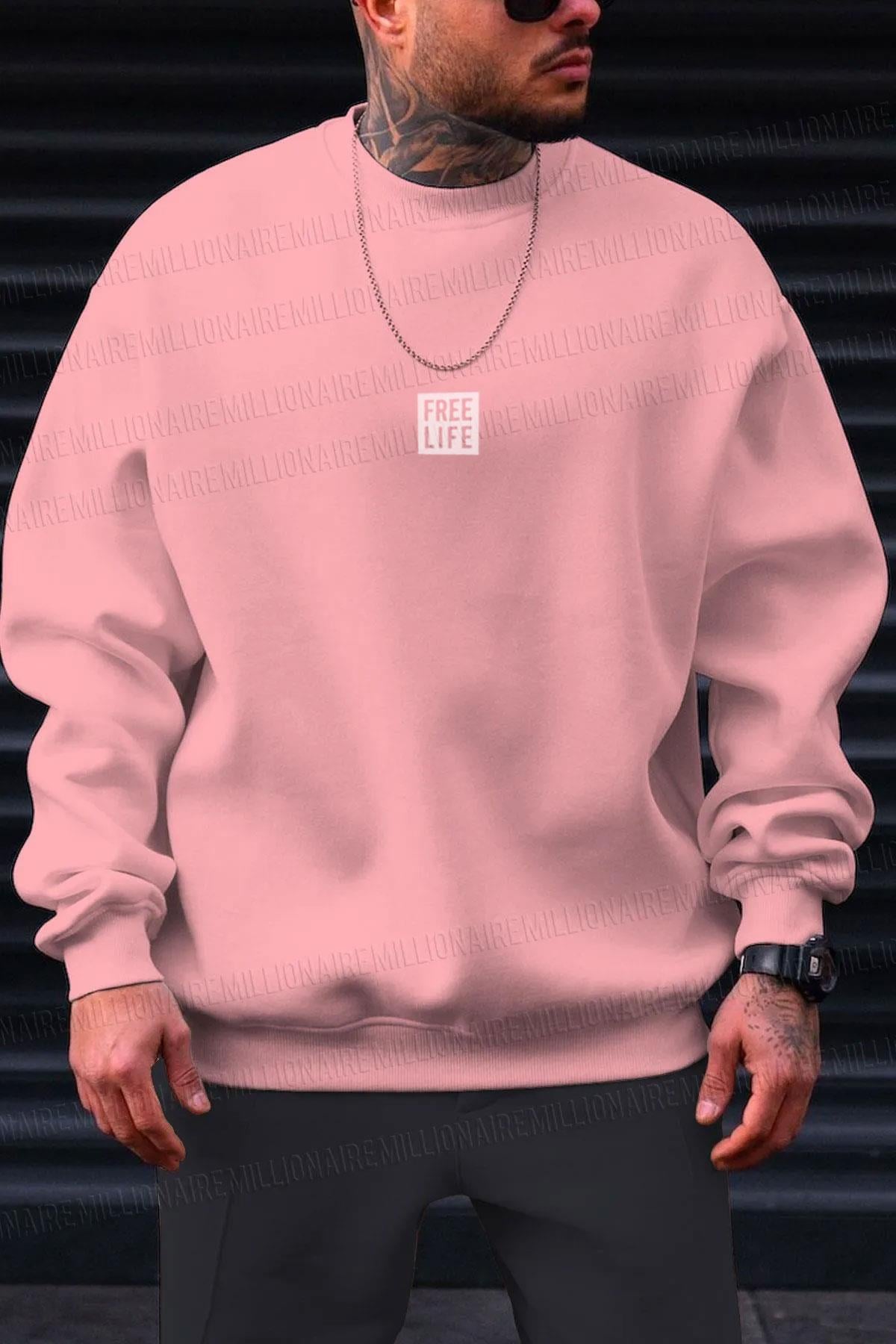 Free Life Baskılı Kalın Soft 3 İplik içi Şardonlu 0 Sıfır Yaka Oversize Salaş Sweatshirt