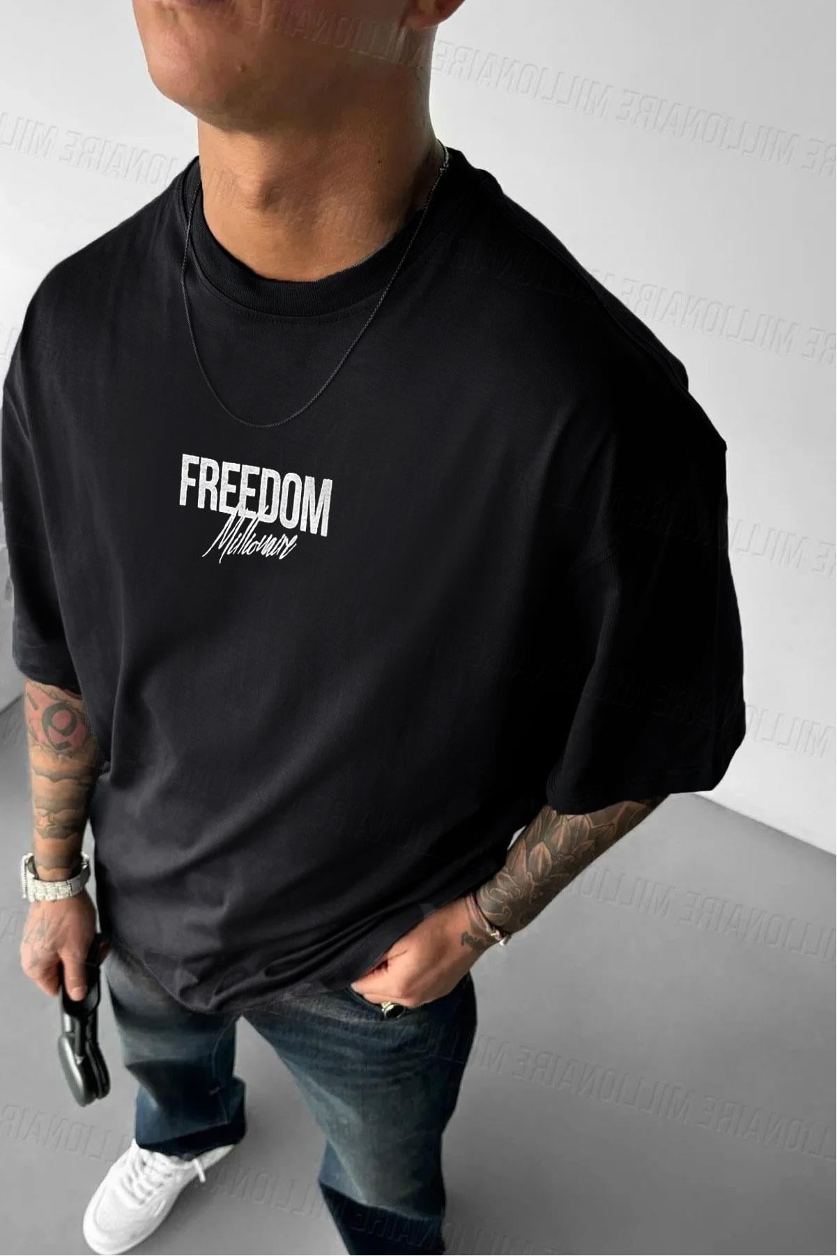 Freedom Kanat Baskılı Siyah Oversize Salaş T-Shirt