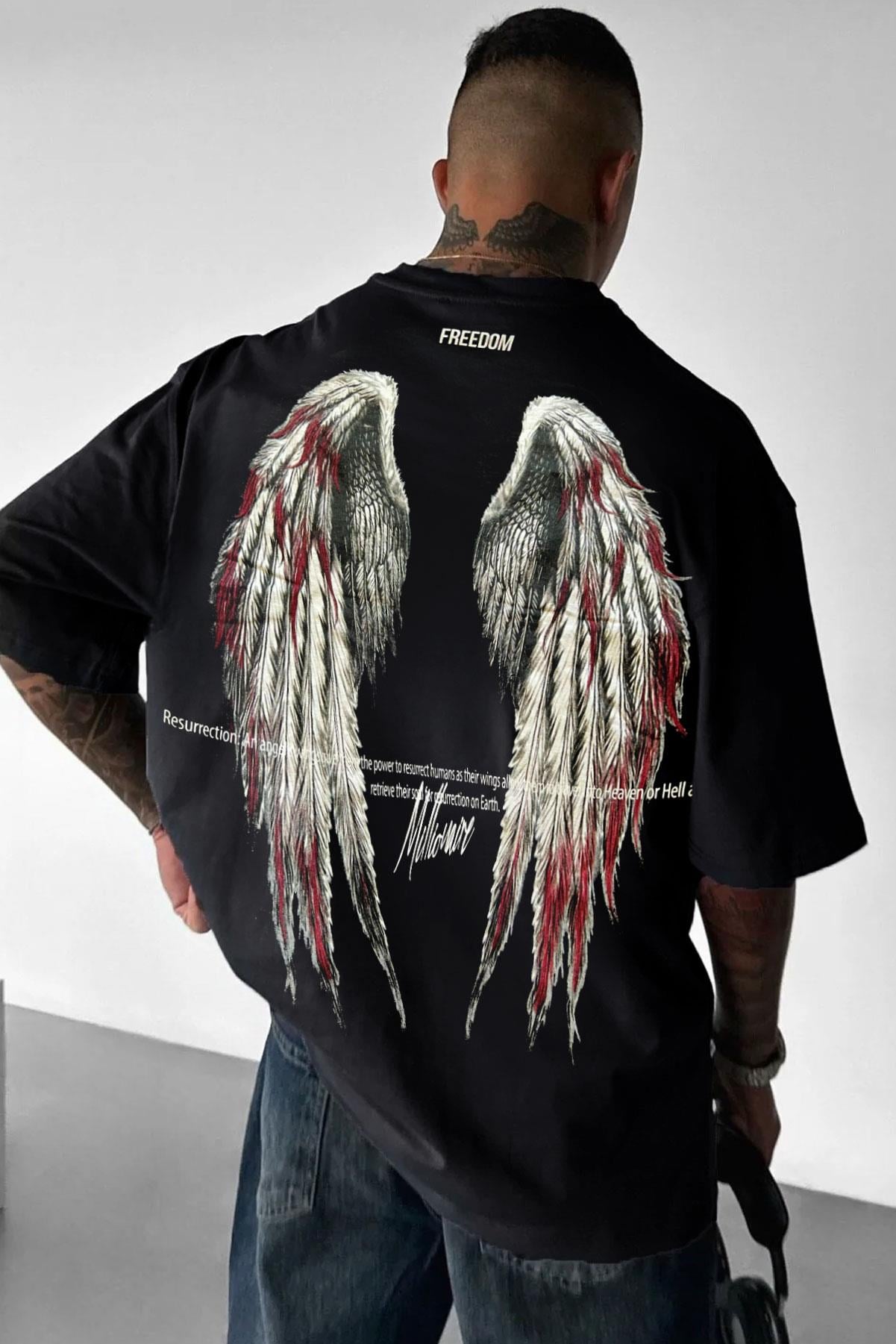 Freedom Kanat Baskılı Siyah Oversize Salaş T-Shirt