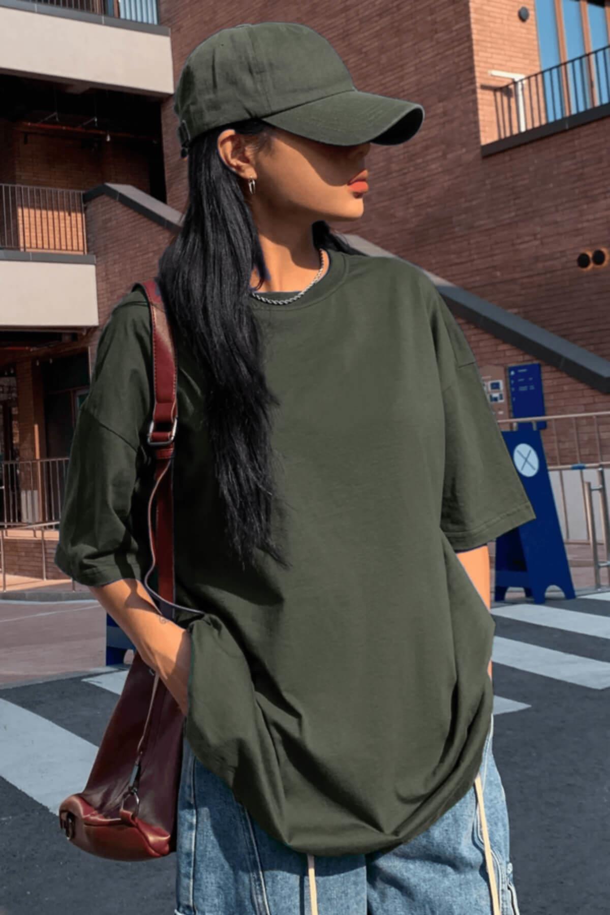 Haki Basic Düz Baskısız Oversize Salas Boyfriend Kadın T-Shirt