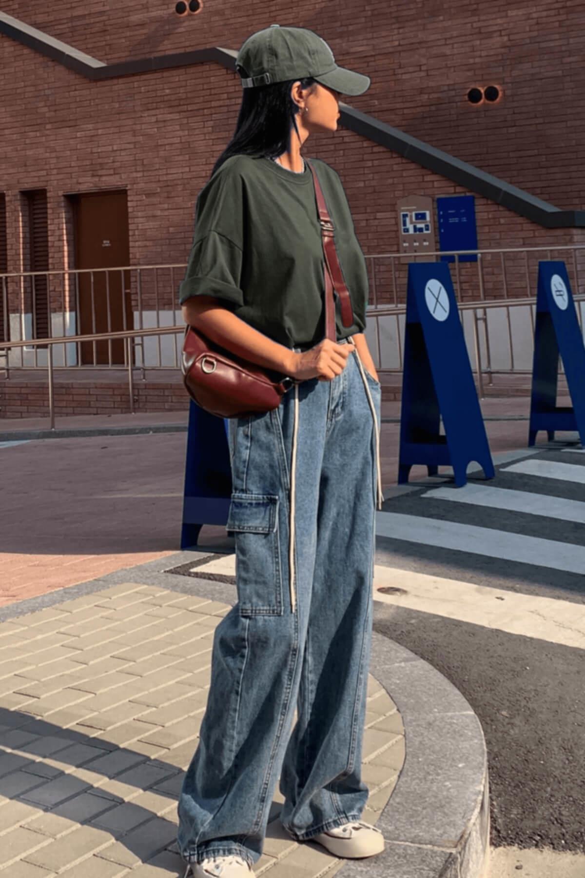 Haki Basic Düz Baskısız Oversize Salas Boyfriend Kadın T-Shirt