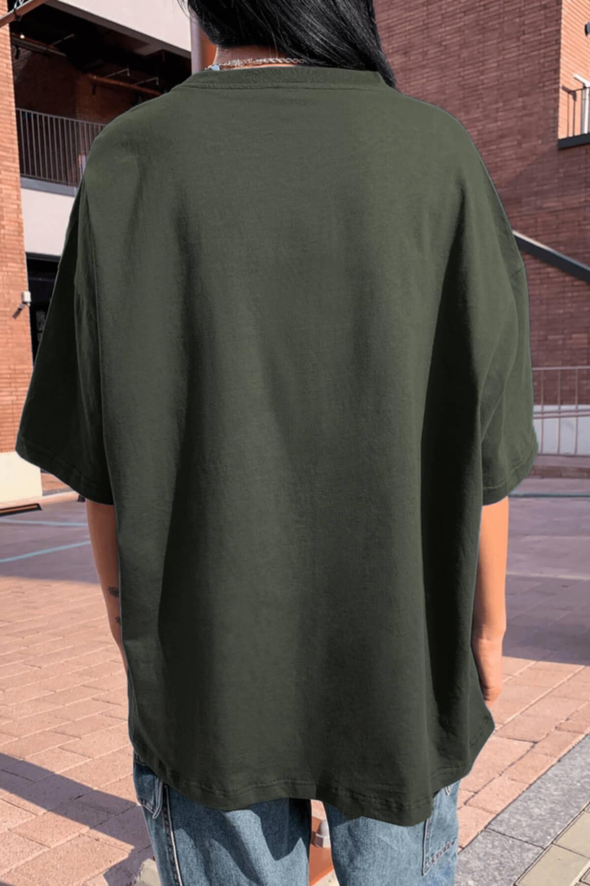 Haki Basic Düz Baskısız Oversize Salas Boyfriend Kadın T-Shirt