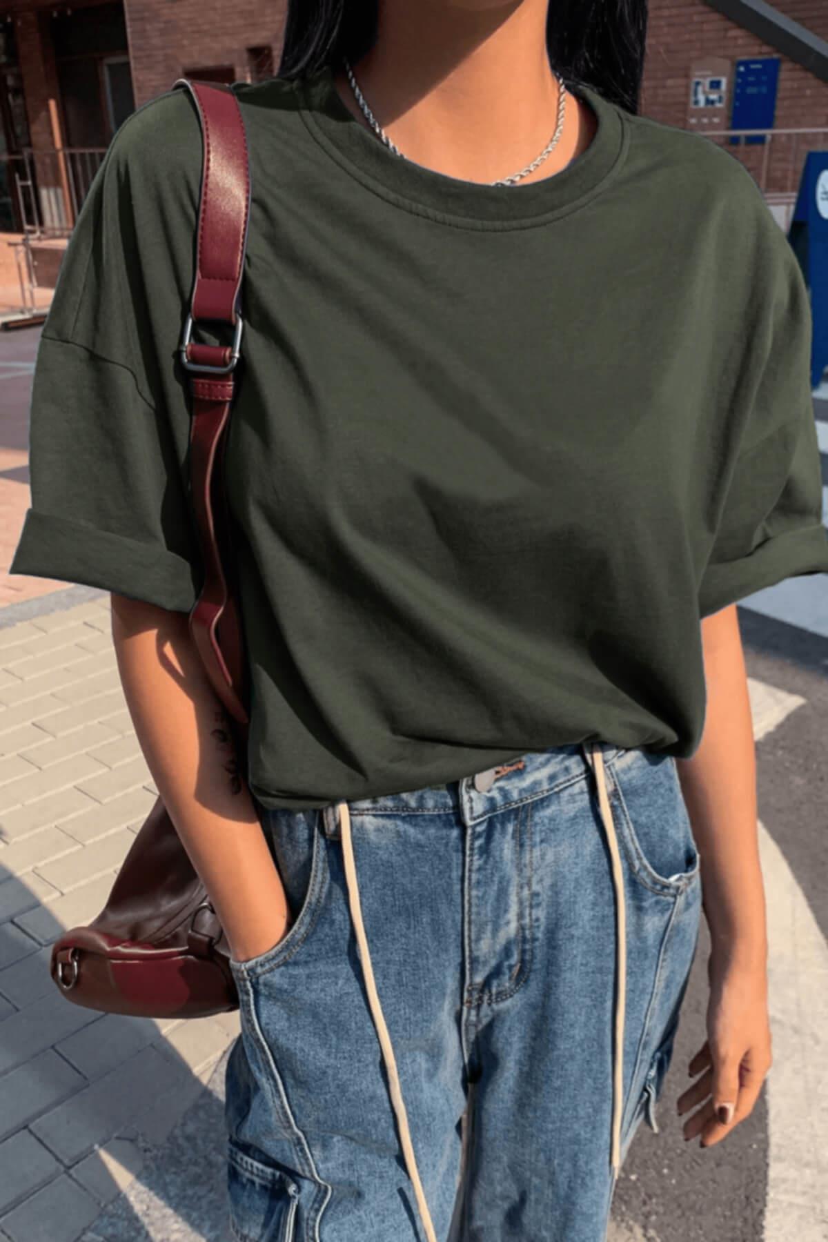 Haki Basic Düz Baskısız Oversize Salas Boyfriend Kadın T-Shirt