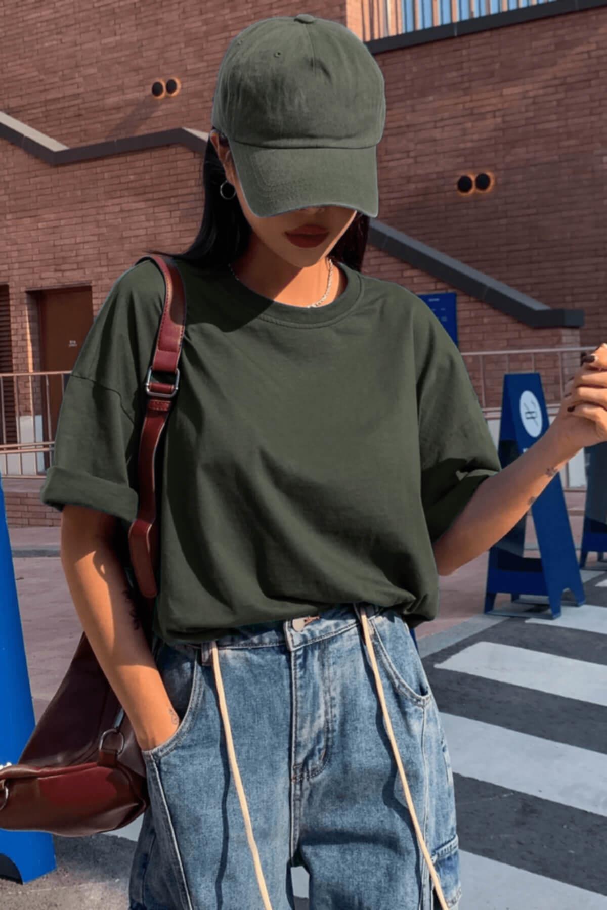Haki Basic Düz Baskısız Oversize Salas Boyfriend Kadın T-Shirt