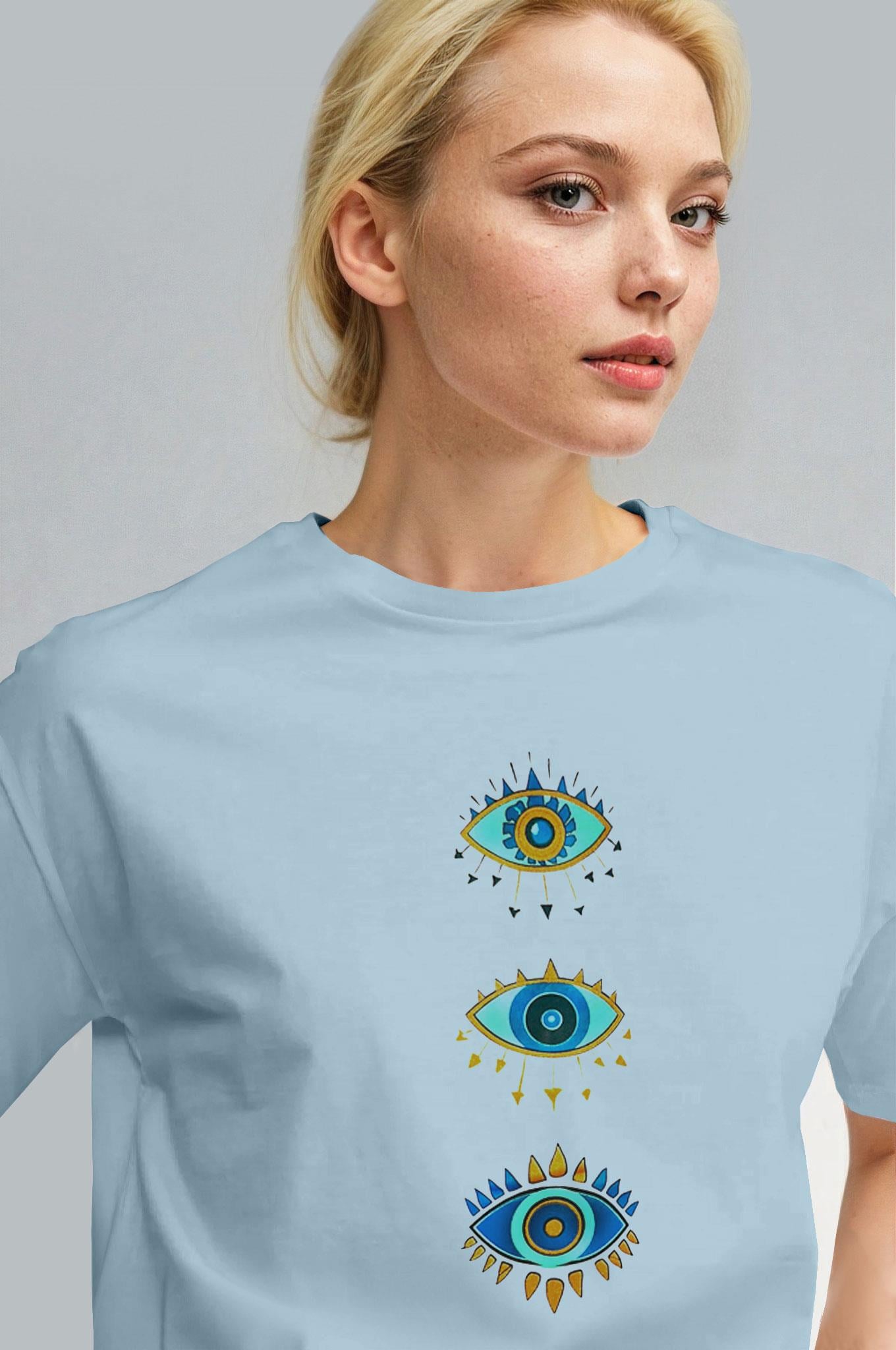 Kadın Açık Mavi Regular Nazar Göz Baskı Fit Normal Kalıp T-shirt