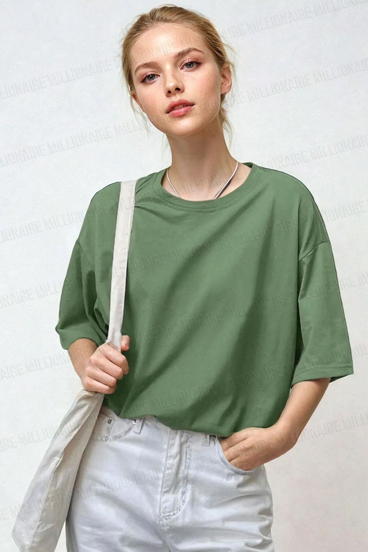 Kadın Açık Yeşil Basic Düz Baskısız Oversize Salas Boyfriend T-Shirt