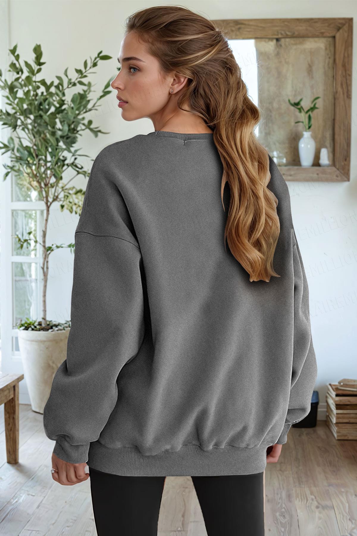 Kadın Antrasit Basic 0 Sıfır Yaka Baskısız Düz Oversize Salaş Bol Kesim Polar Sweatshirt 