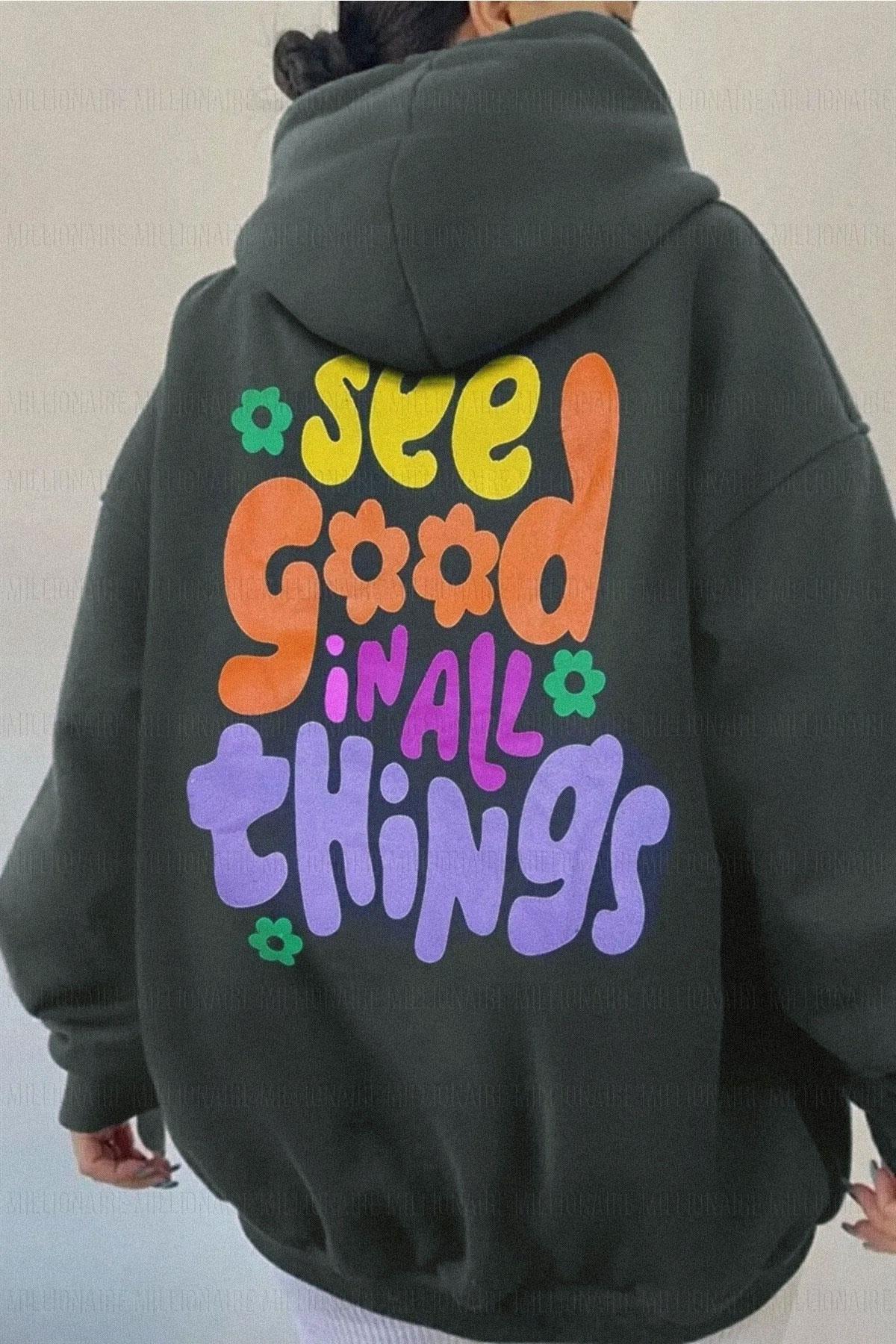 Kadın Antrasit See Good Baskılı 3 iplik Şardonlu Kapüşonlu Oversize Salaş Bol Kesim Hoodie Sweatshirt