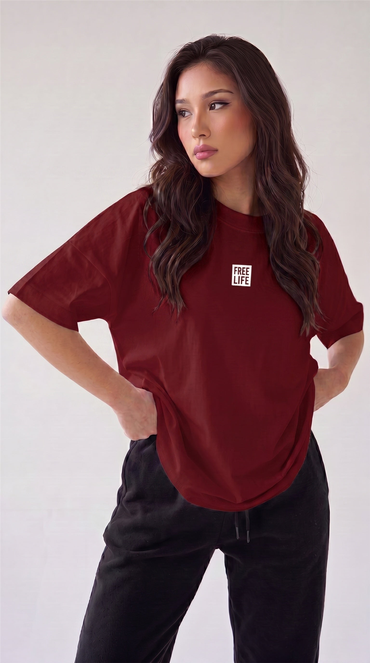 Kadın Bordo Free Life Bisiklet Yaka Oversize Salas T-Shirt
