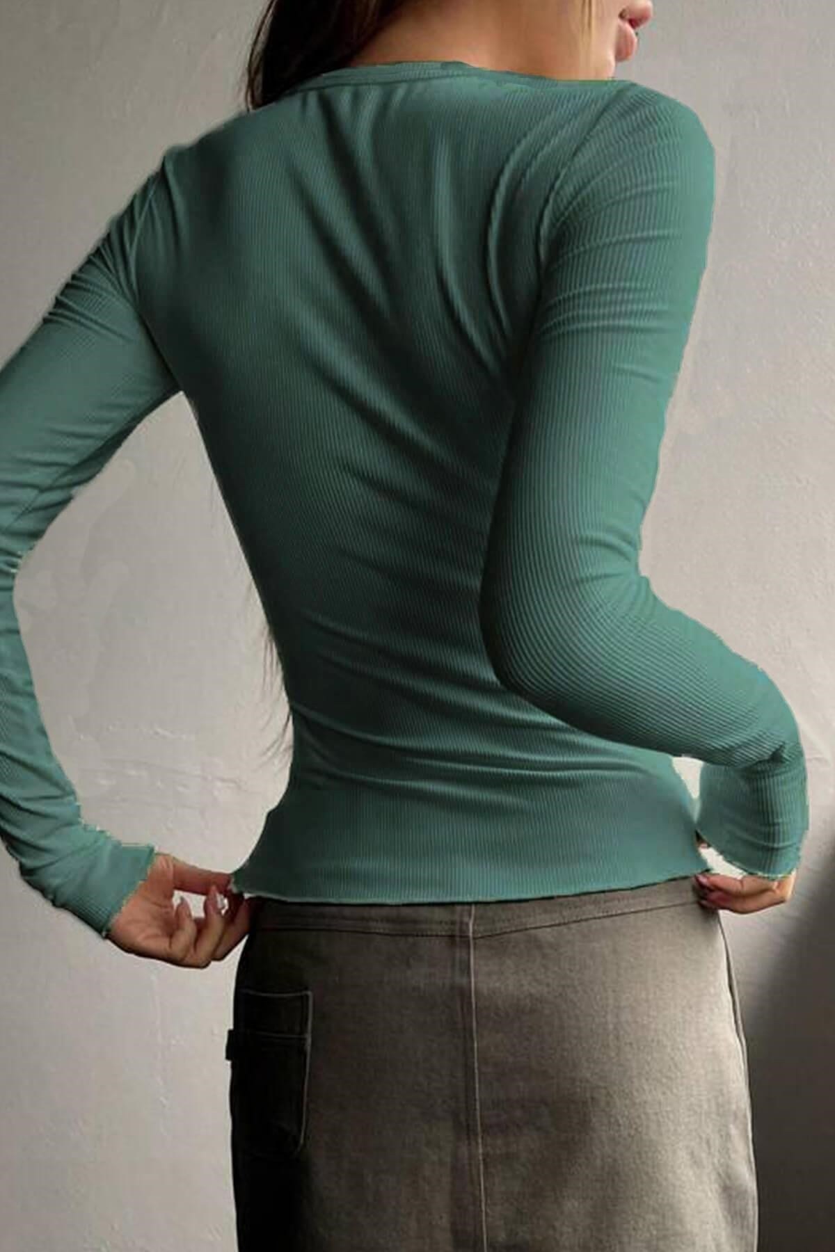 Kadın Çağla Yeşili Düğme Detaylı Patlı Düğmeli Bisiklet Yaka Uzun Kollu Fitilli Kaşkorse Bluz Body