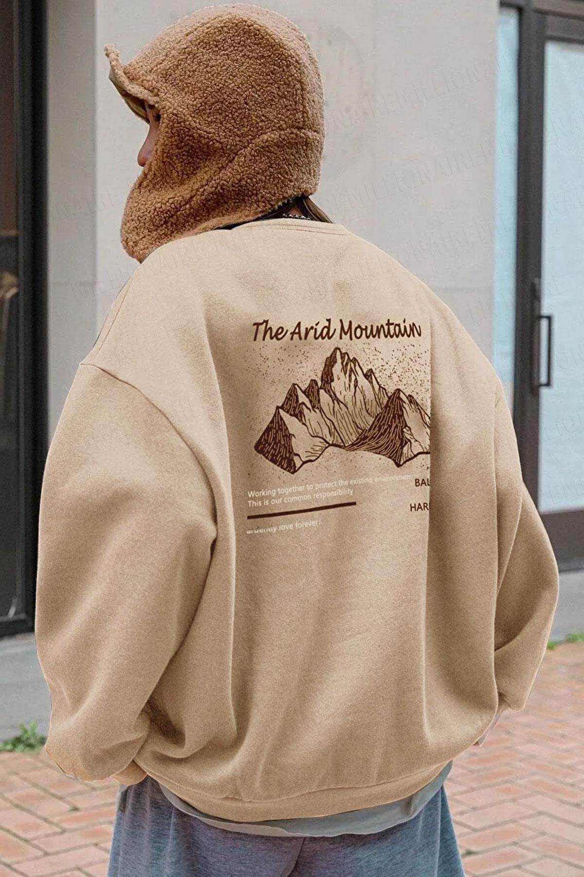 Kadın Camel Arid Mountain Baskılı 0 Sıfır Yaka Oversize Salaş Bol Kesim Polar Sweatshirt