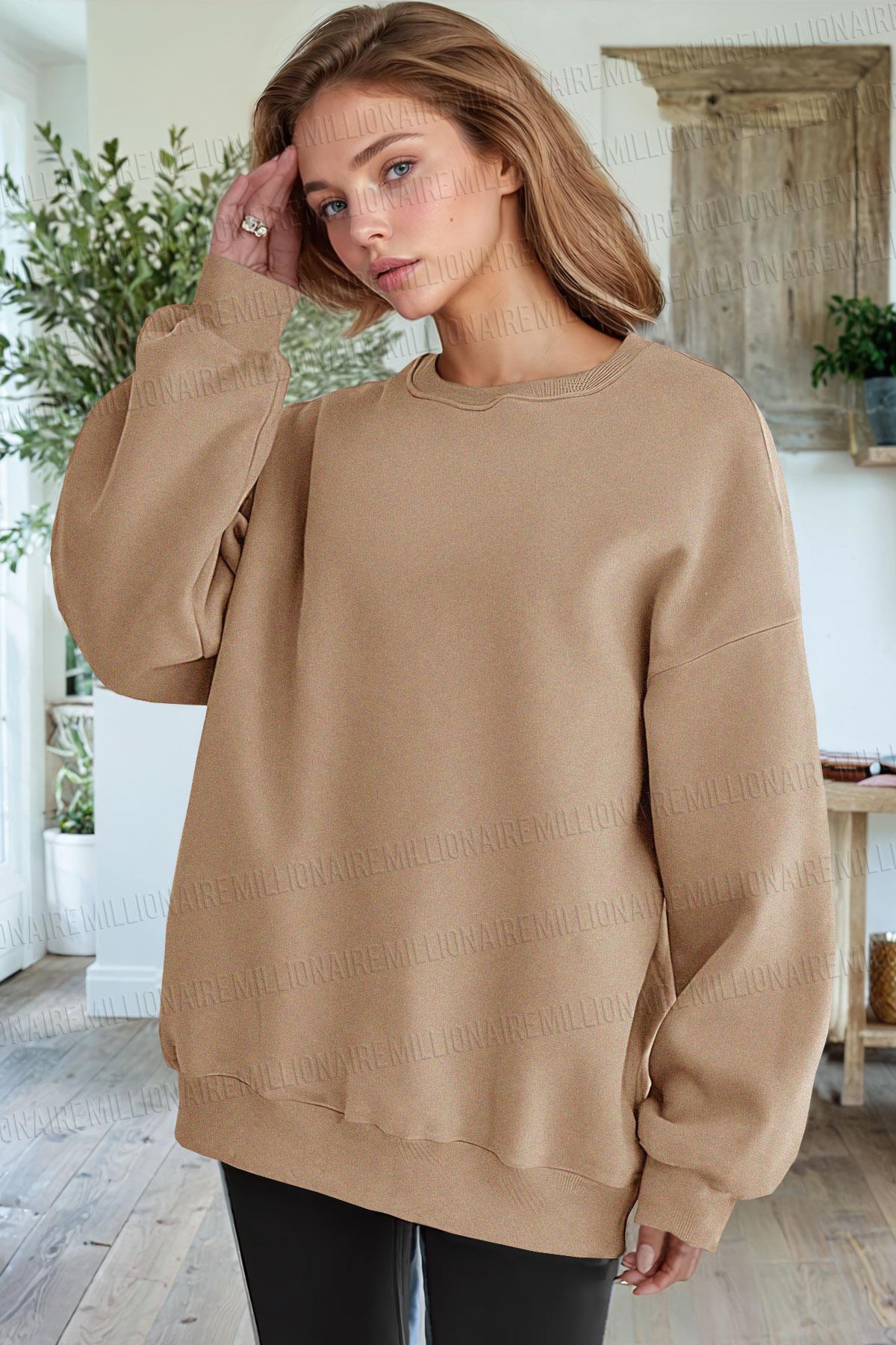 Kadın Camel Basic 0 Sıfır Yaka Baskısız Düz Oversize Salaş Bol Kesim Polar Sweatshirt