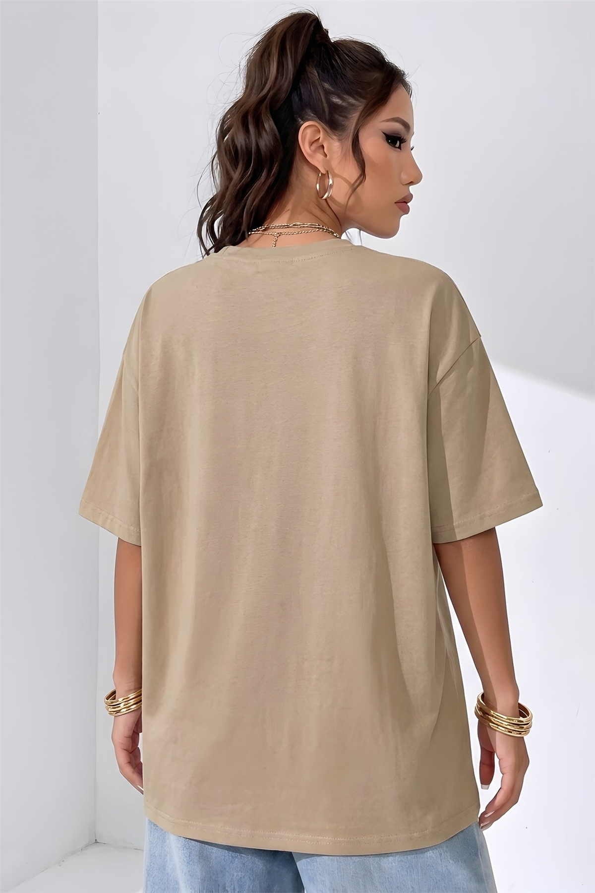 Kadın Camel Basic Düz Baskısız Oversize Salas Boyfriend T-Shirt