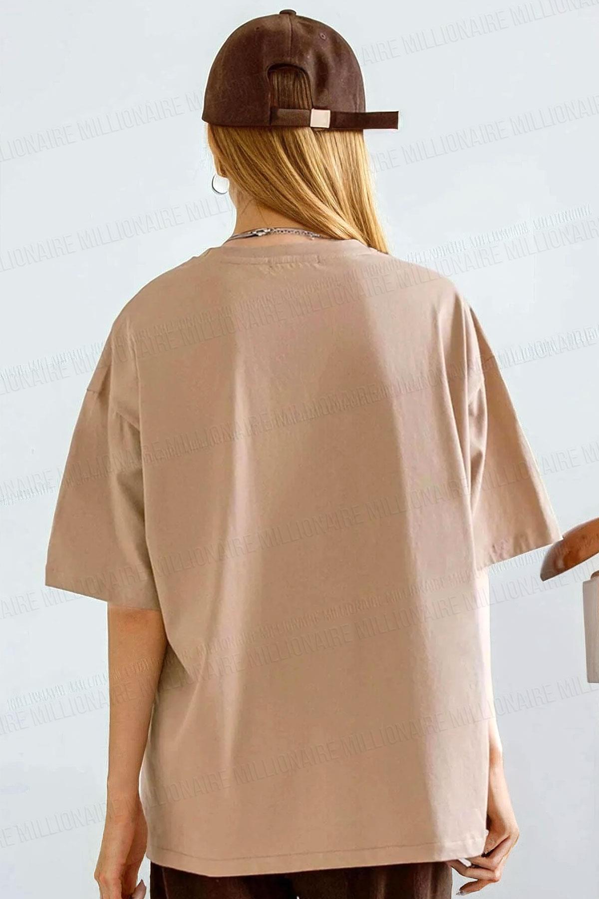 Kadın Camel Basic Düz Baskısız Oversize Salas Boyfriend T-Shirt