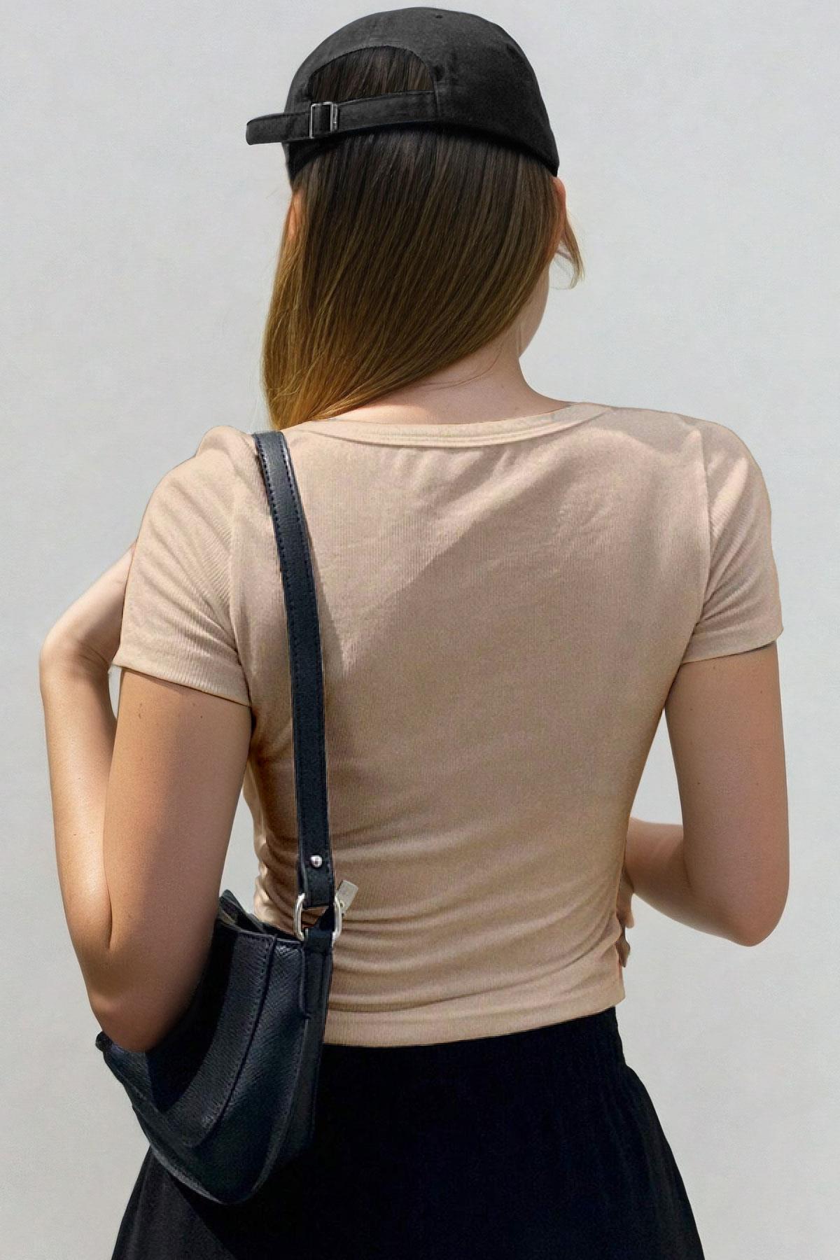 Kadın Camel U Yaka Kısa Kollu Fitilli Kaşkorse Bluz Body