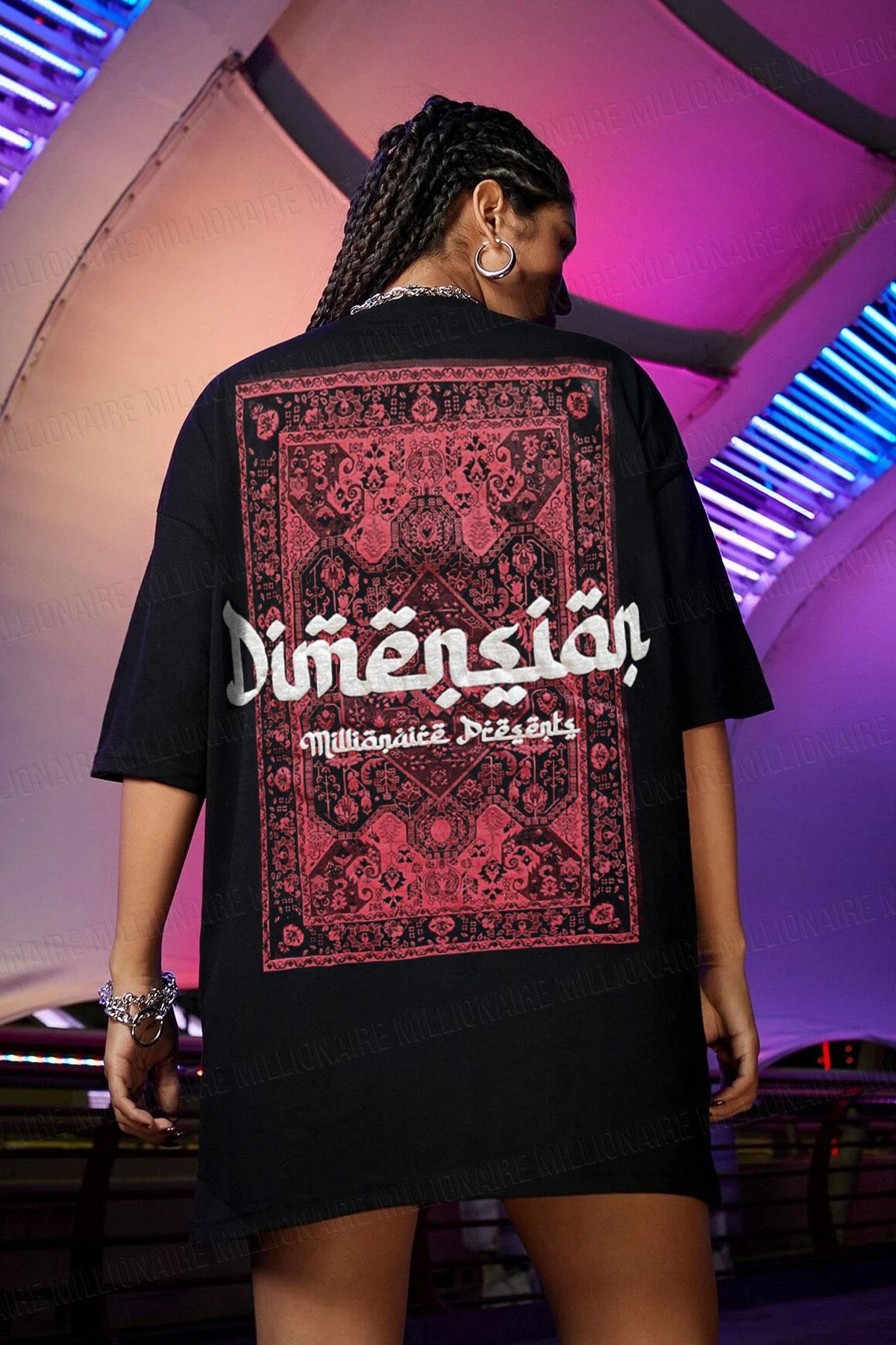 Kadın Dimension Baskılı Siyah Bisiklet Yaka Oversize Salaş T-Shirt