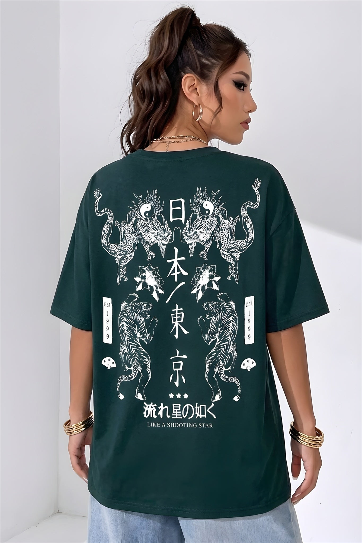 Kadın Dragon Baskılı Petrol Yeşili Bisiklet Yaka Oversize Salaş T-Shirt