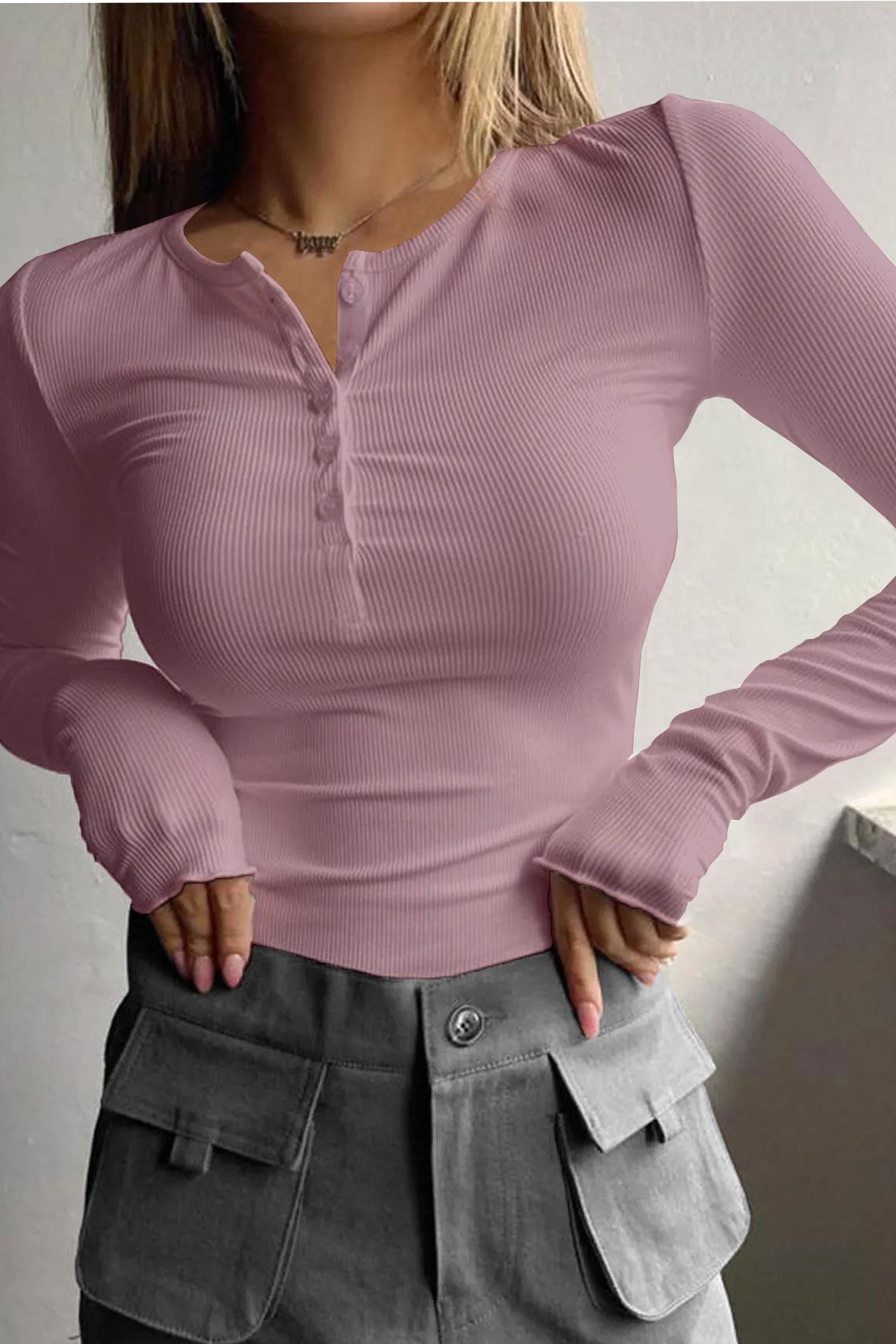 Kadın Düğme Detaylı Patlı Düğmeli Bisiklet Yaka Uzun Kollu Fitilli Kaşkorse Bluz Body