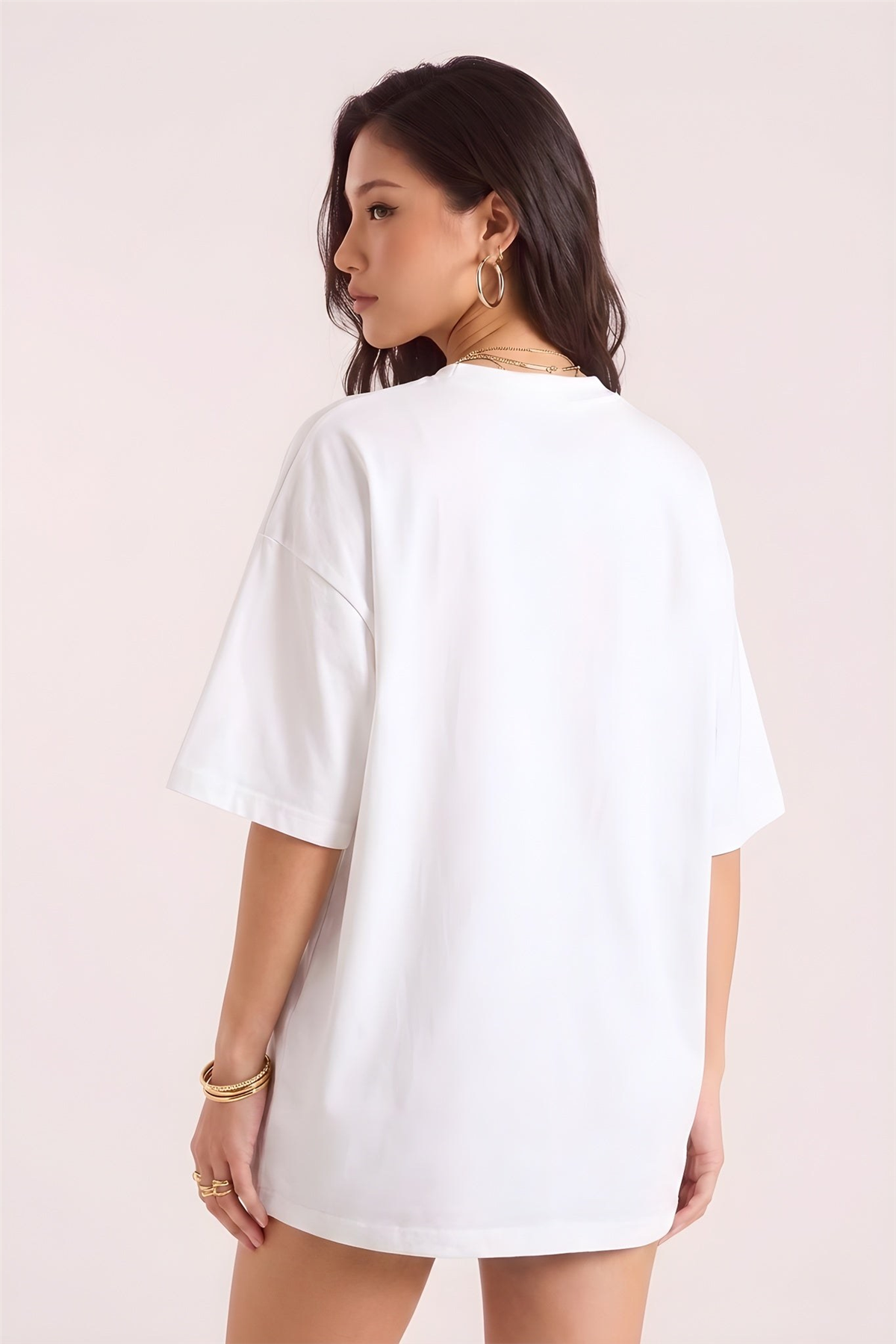 Kadın Ekru Beyaz Nazar Baskılı Oversize Fit Bol Geniş Kalıp Salaş Kesim T-shirt