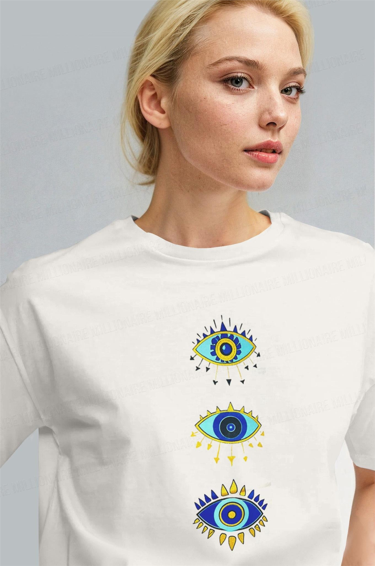 Kadın Ekru Beyaz Regular Nazar Göz Baskı Fit Normal Kalıp T-Shirt