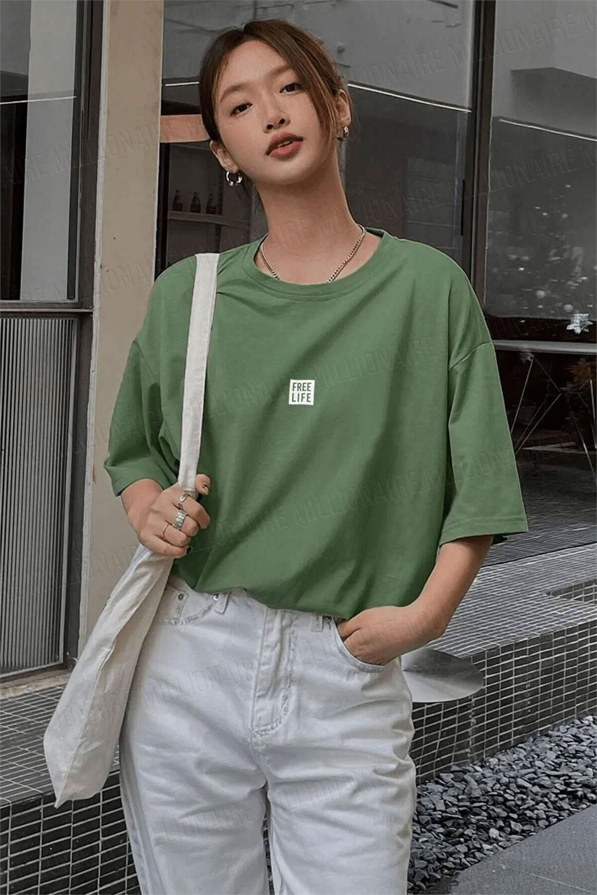 Kadın Free Life Açık Yeşil Bisiklet Yaka Oversize Salas T-Shirt
