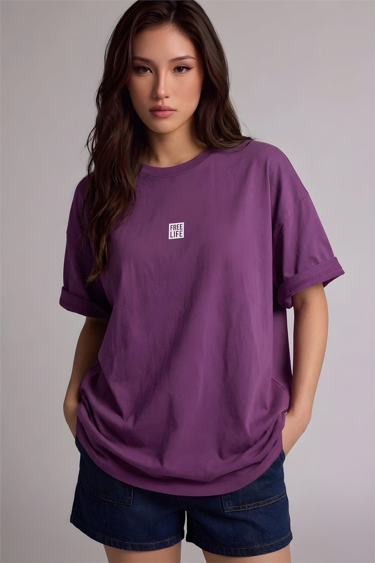 Kadın Free Life Mor Bisiklet Yaka Oversize Salas T-Shirt