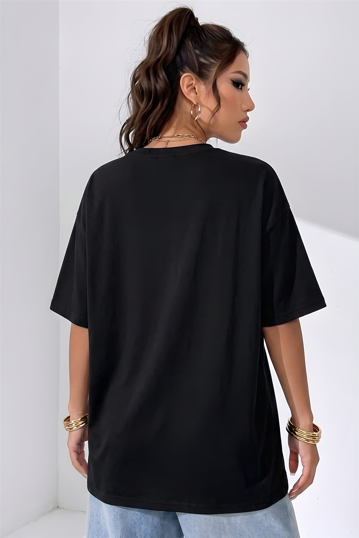 Kadın Free Life Siyah Bisiklet Yaka Oversize Salas T-Shirt
