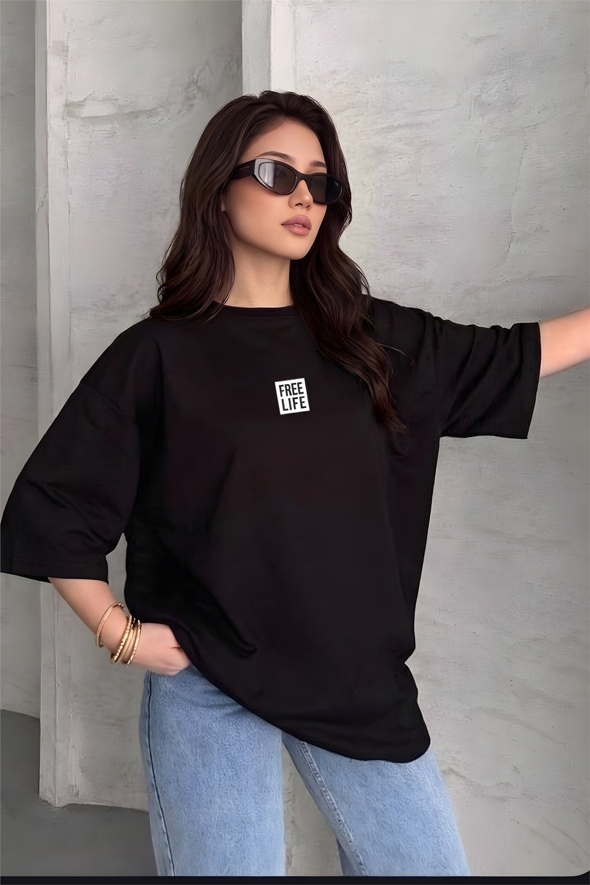 Kadın Free Life Siyah Bisiklet Yaka Oversize Salas T-Shirt