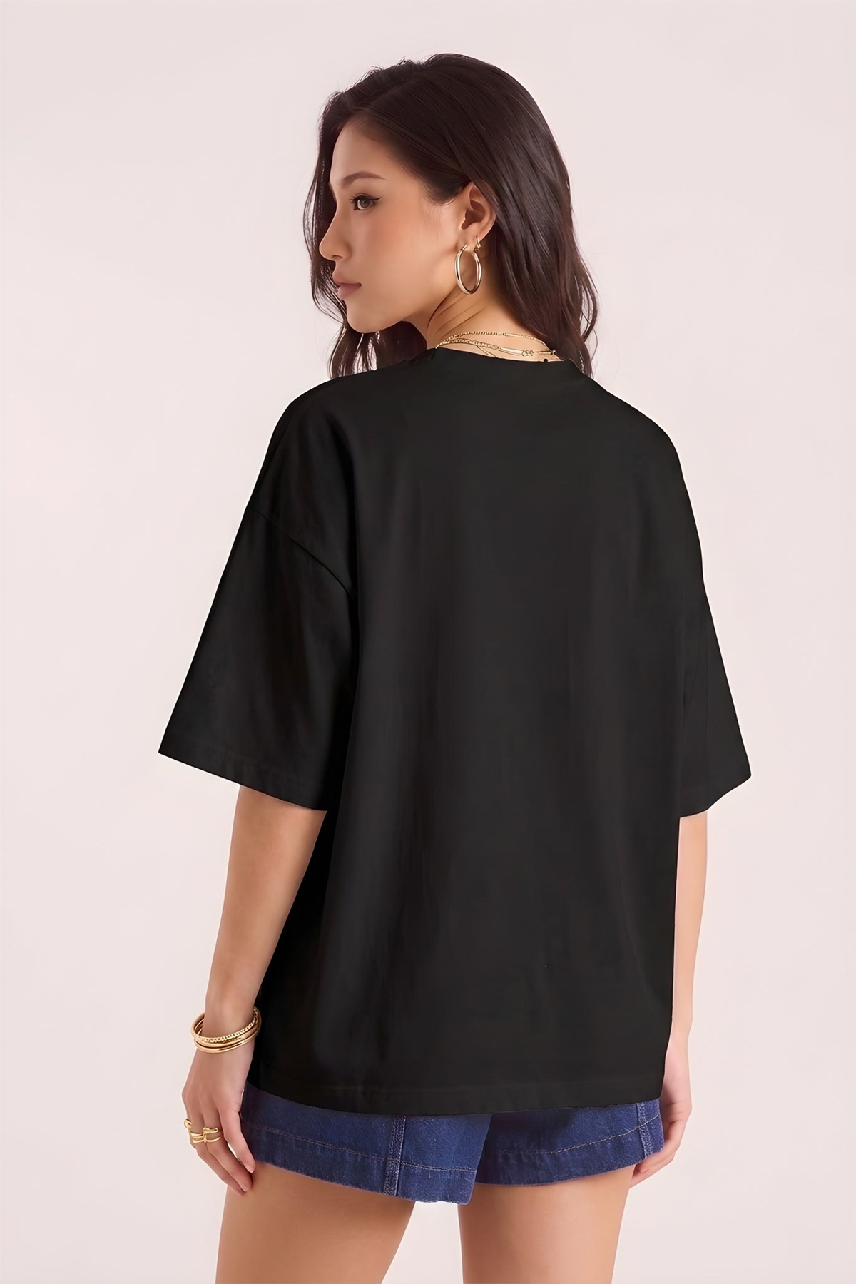 Kadın Free Life Siyah Bisiklet Yaka Oversize Salas T-Shirt