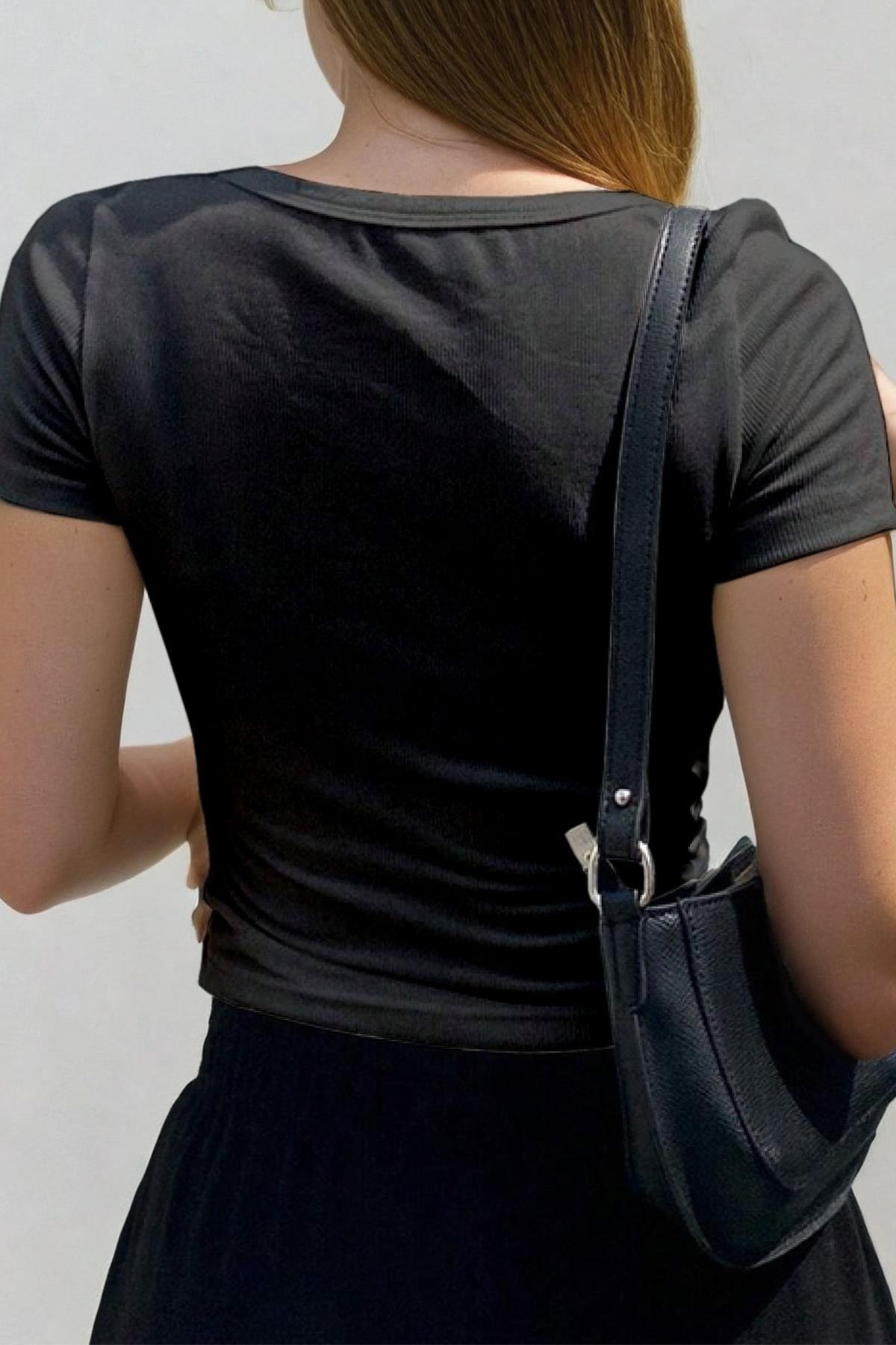 Kadın Füme U Yaka Kısa Kollu Fitilli Kaşkorse Bluz Body