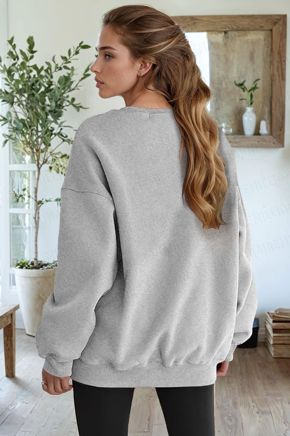 Kadın Gri Melanj Basic 0 Sıfır Yaka Baskısız Düz Oversize Salaş Bol Kesim Polar Sweatshirt 