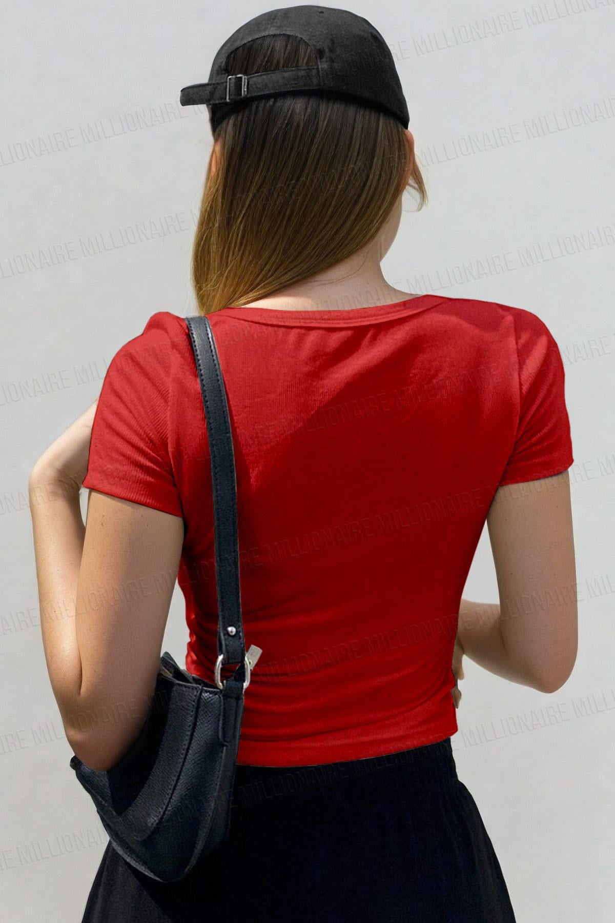 Kadın Kırmızı V Yaka Kısa Kollu Fitilli Kaşkorse Bluz Body