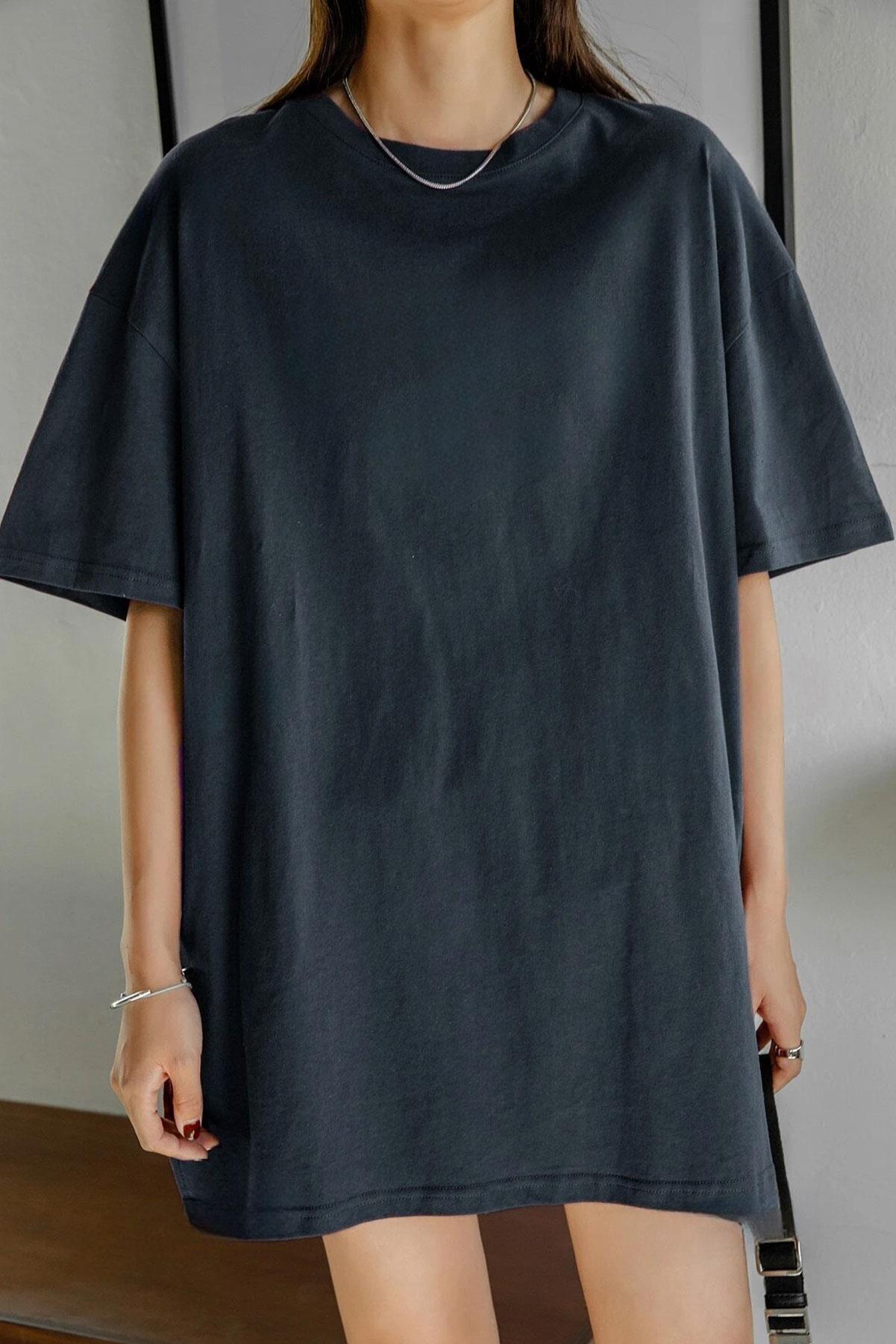 Kadın Lacivert Basic Düz Baskısız Oversize Salas T-Shirt