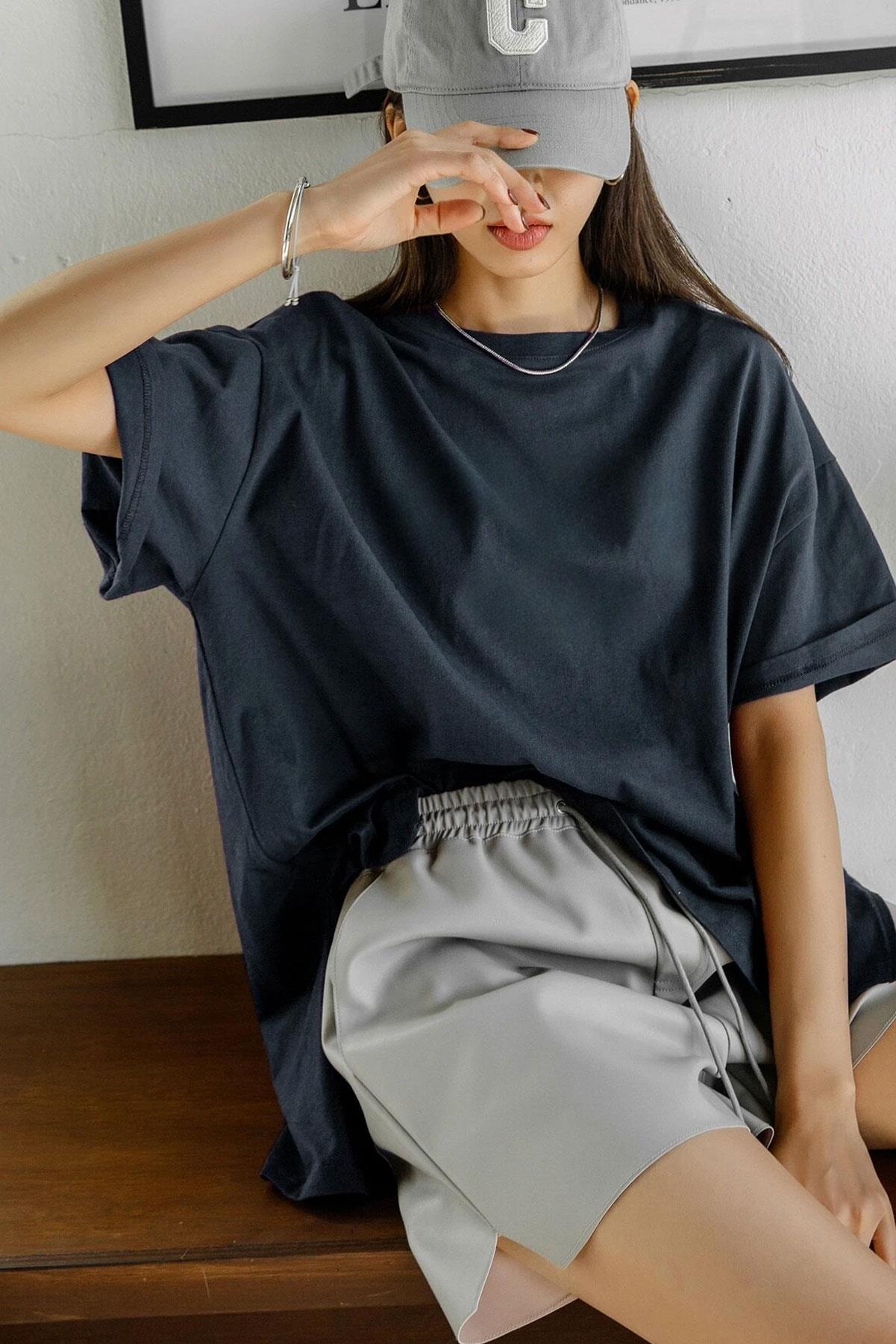 Kadın Lacivert Basic Düz Baskısız Oversize Salas T-Shirt