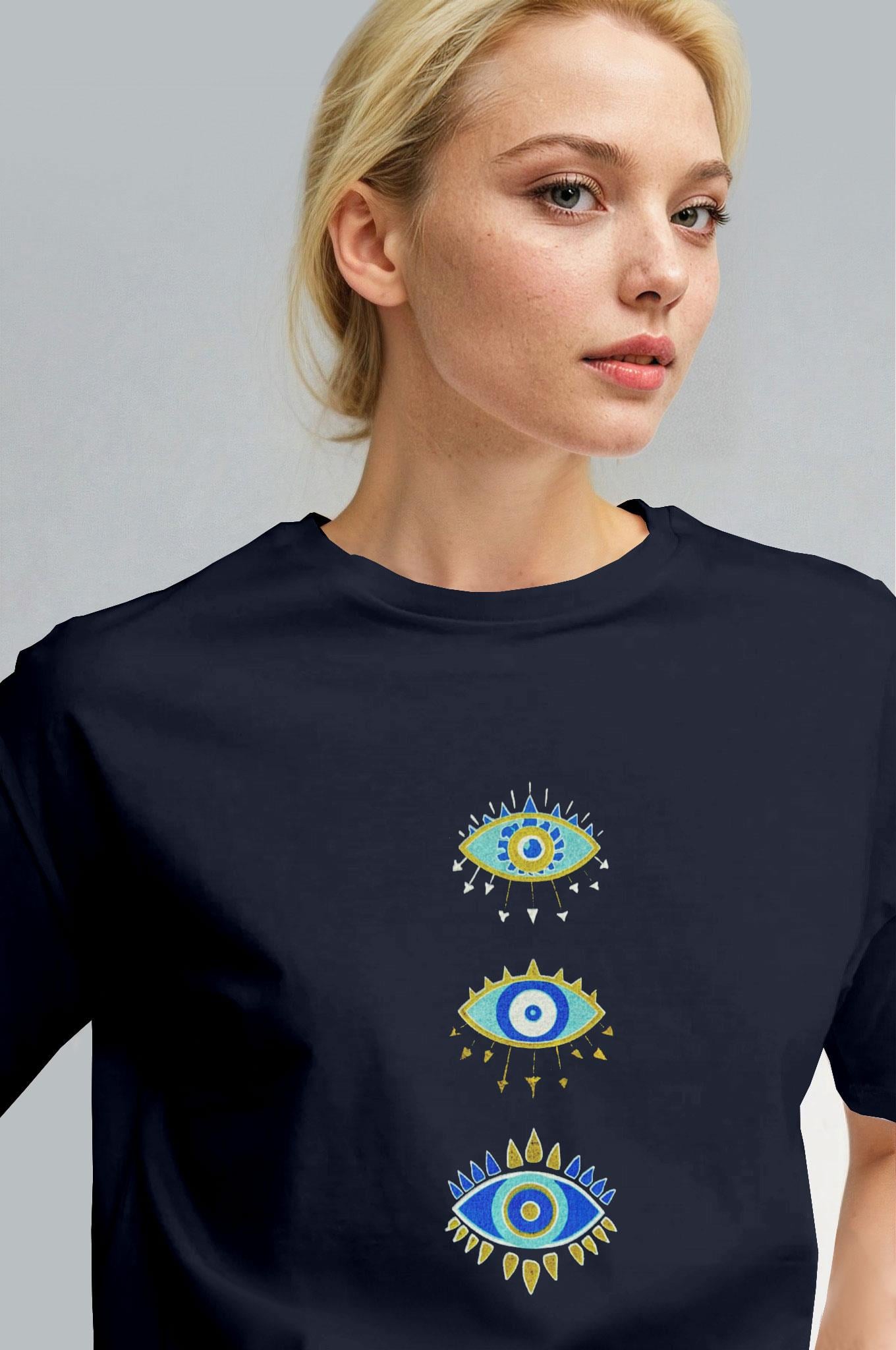 Kadın Lacivert Regular Nazar Göz Baskı Fit Normal Kalıp T-shirt