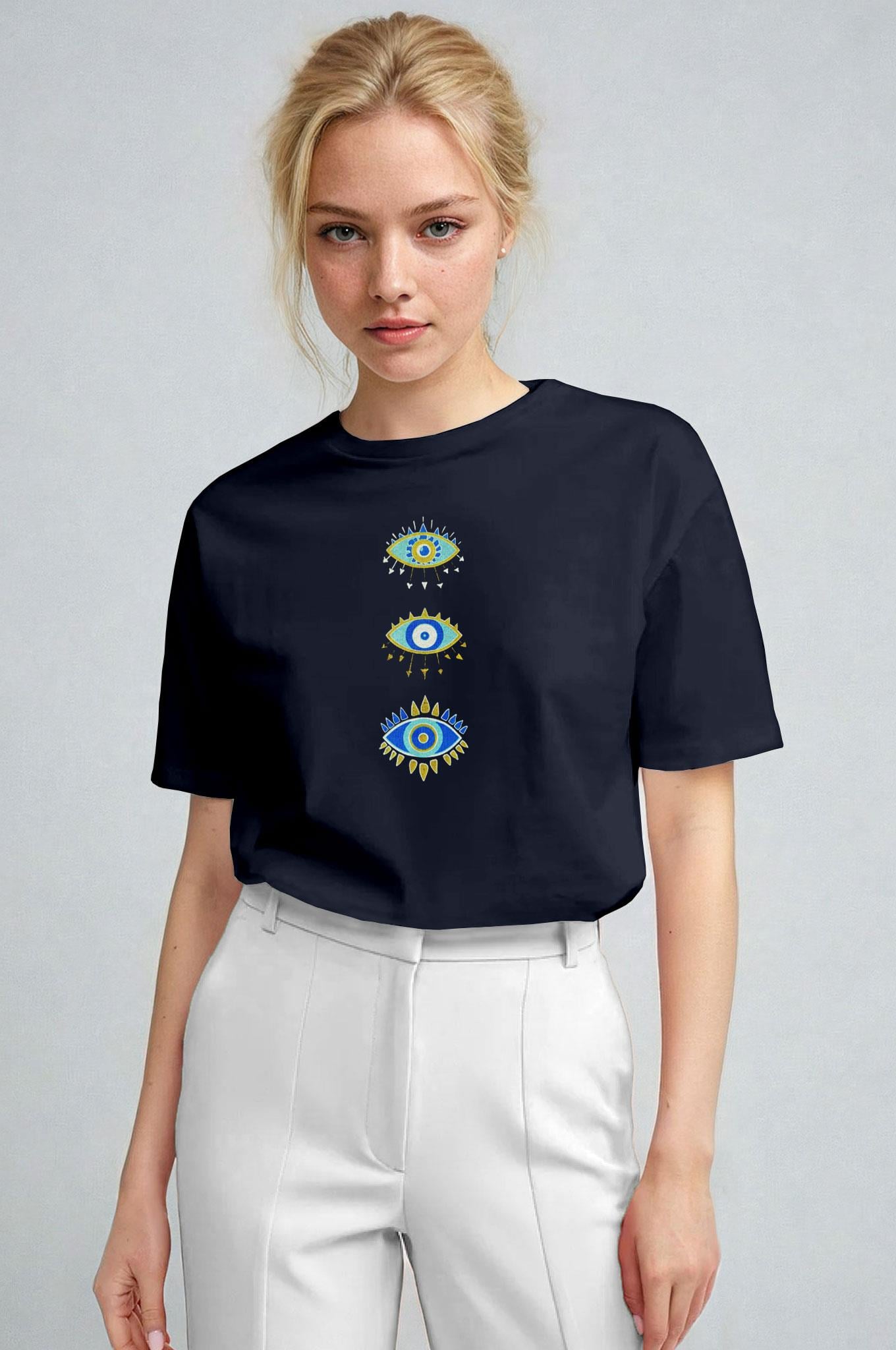 Kadın Lacivert Regular Nazar Göz Baskı Fit Normal Kalıp T-shirt