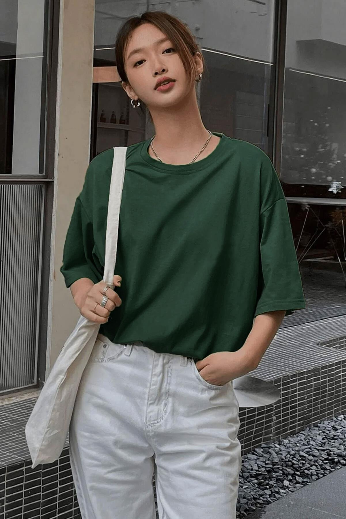 Kadın Nefti Basic Düz Baskısız Oversize Salas T-Shirt