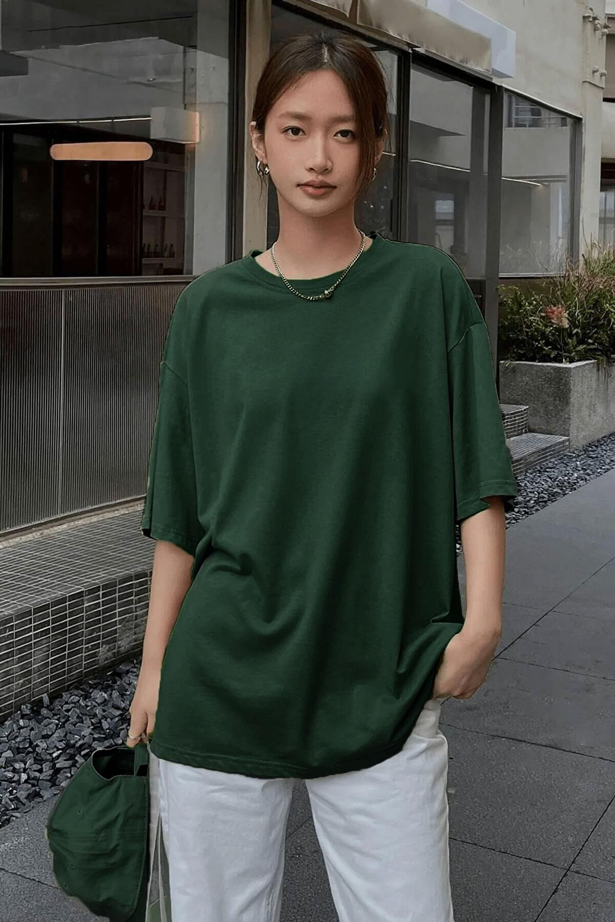 Kadın Nefti Basic Düz Baskısız Oversize Salas T-Shirt