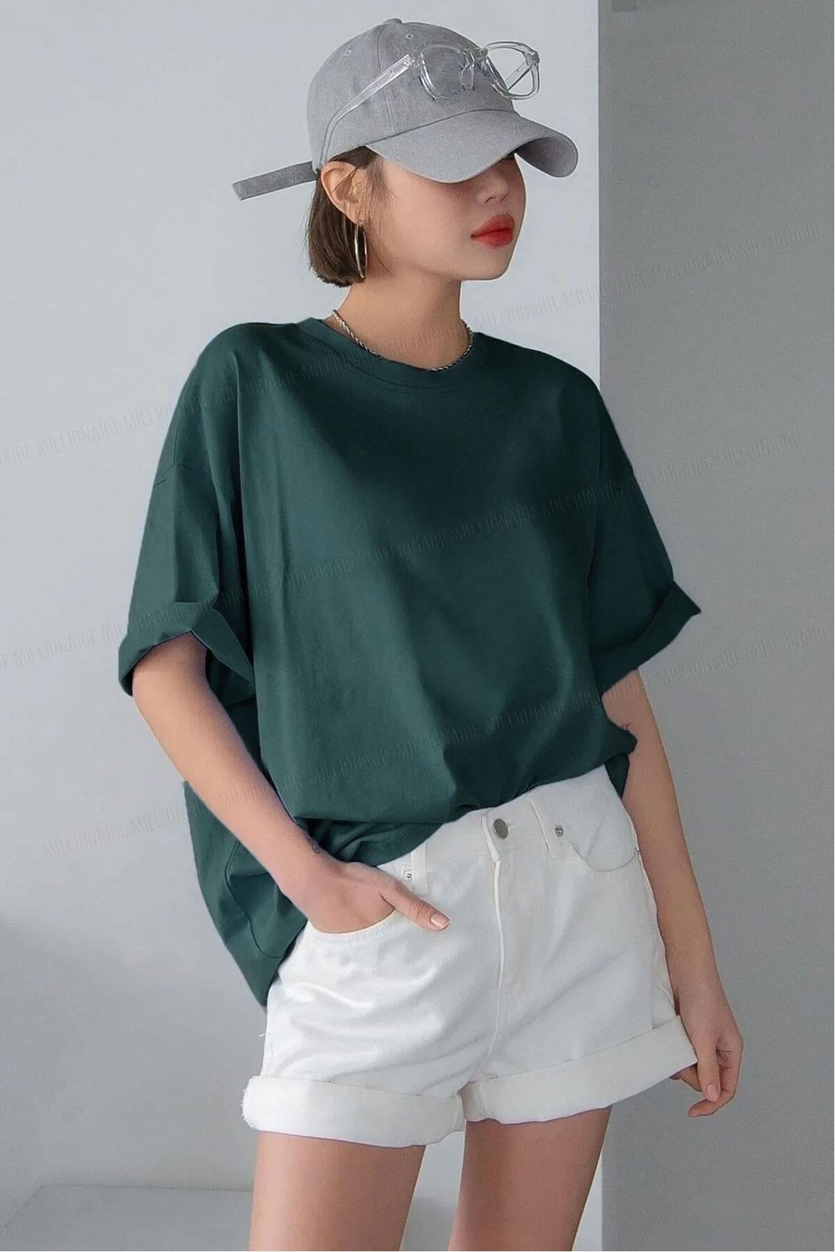 Kadın Petrol Yeşili Basic Düz Baskısız Oversize Salas T-Shirt