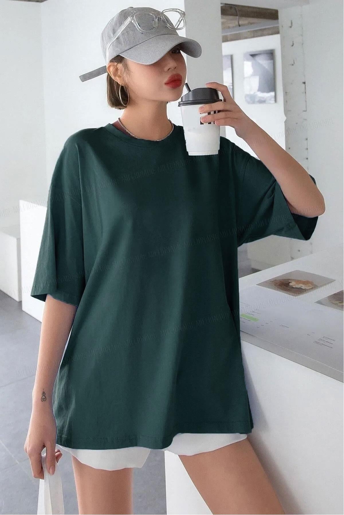 Kadın Petrol Yeşili Basic Düz Baskısız Oversize Salas T-Shirt