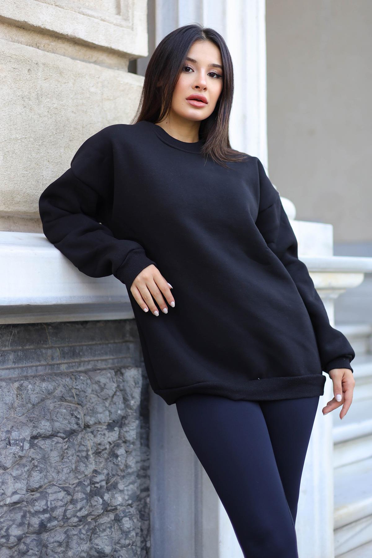 Kadın Siyah Basic 0 Sıfır Yaka Baskısız Düz Oversize Salaş Bol Kesim Polar Sweatshirt