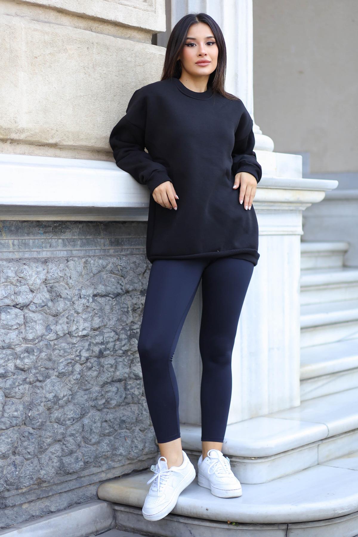 Kadın Siyah Basic 0 Sıfır Yaka Baskısız Düz Oversize Salaş Bol Kesim Polar Sweatshirt