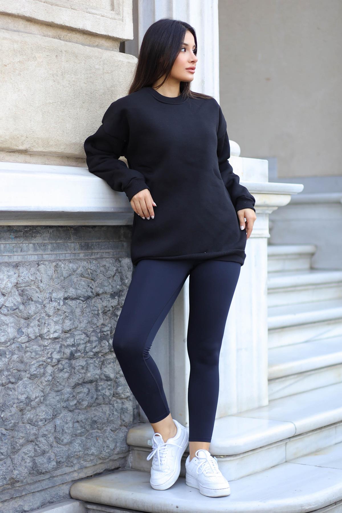Kadın Siyah Basic 0 Sıfır Yaka Baskısız Düz Oversize Salaş Bol Kesim Polar Sweatshirt