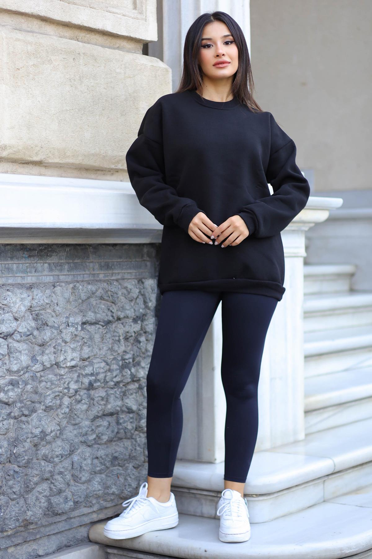 Kadın Siyah Basic 0 Sıfır Yaka Baskısız Düz Oversize Salaş Bol Kesim Polar Sweatshirt